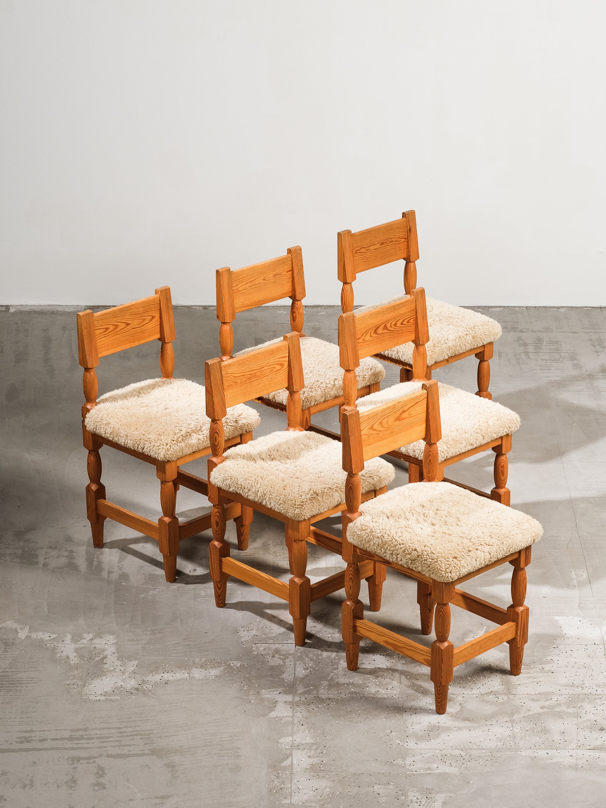 Scandinavian Mid-Century Dining Chairs in Pine and Sheepskin, Set of 6
