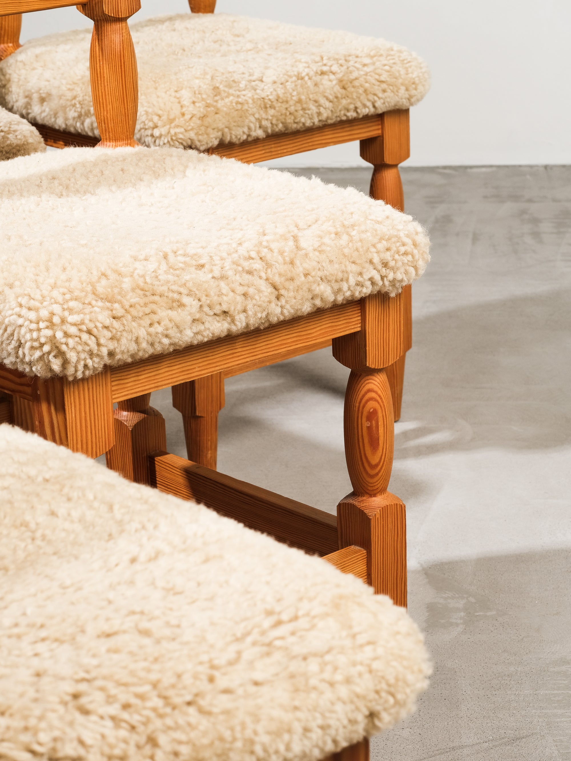 Scandinavian Mid-Century Dining Chairs in Pine and Sheepskin, Set of 6