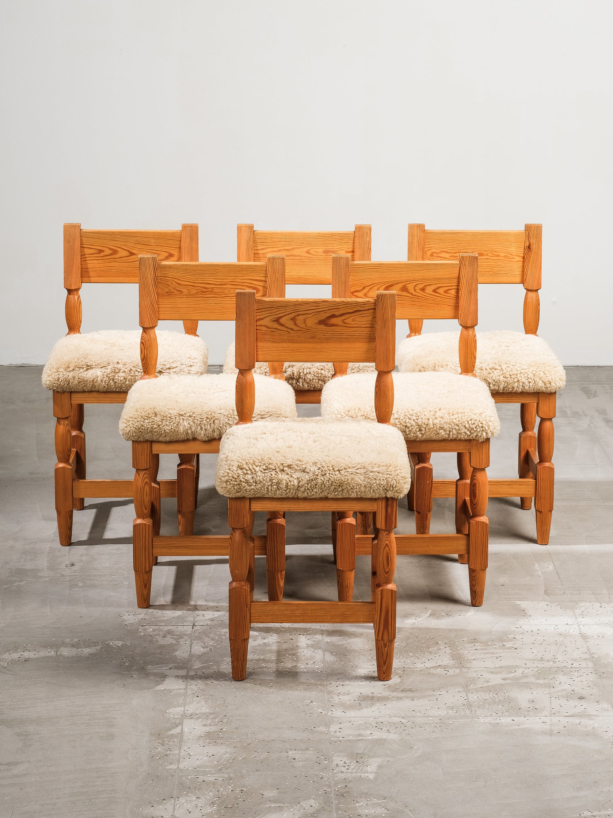 Scandinavian Mid-Century Dining Chairs in Pine and Sheepskin, Set of 6