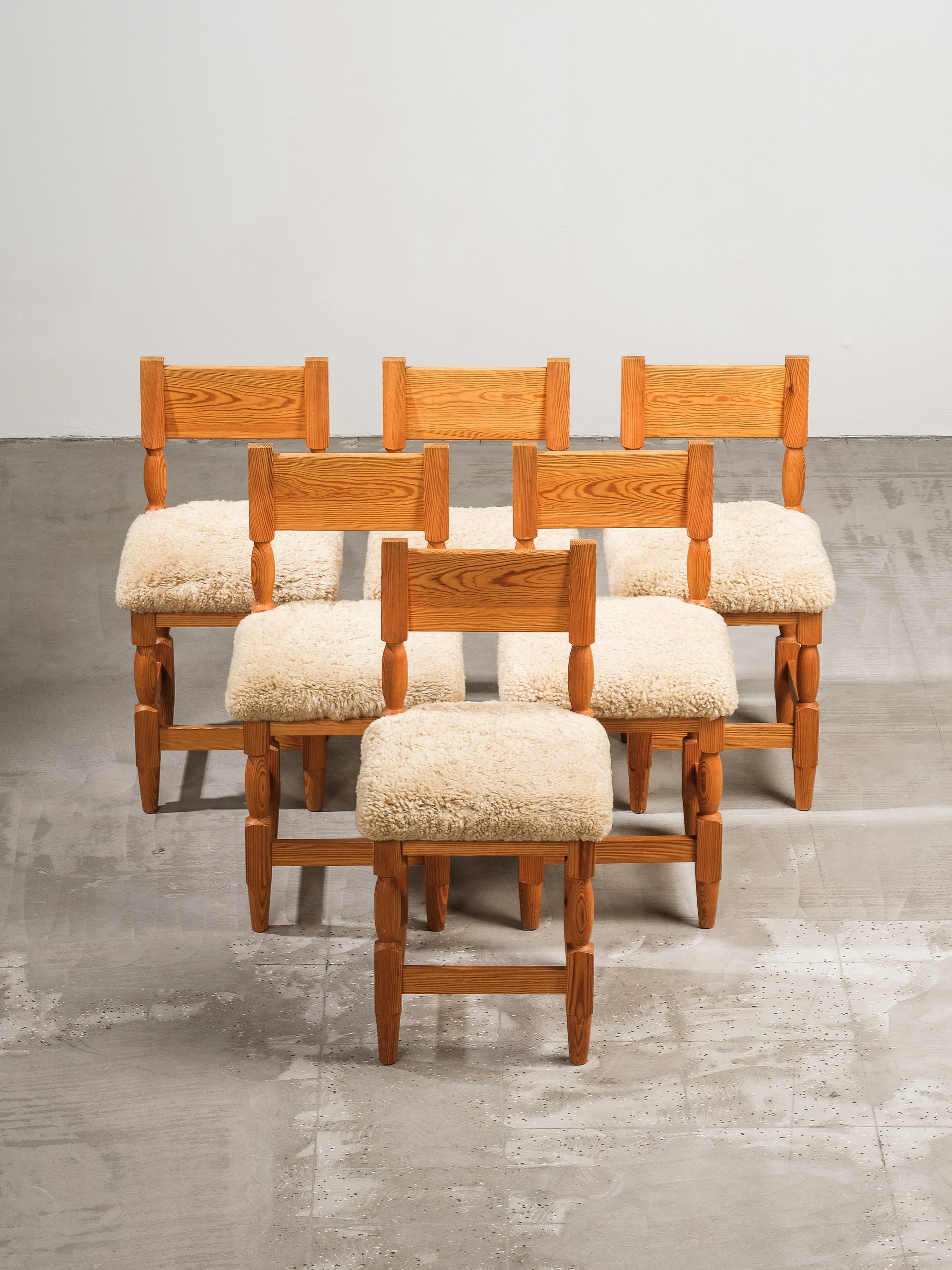 Scandinavian Mid-Century Dining Chairs in Pine and Sheepskin, Set of 6