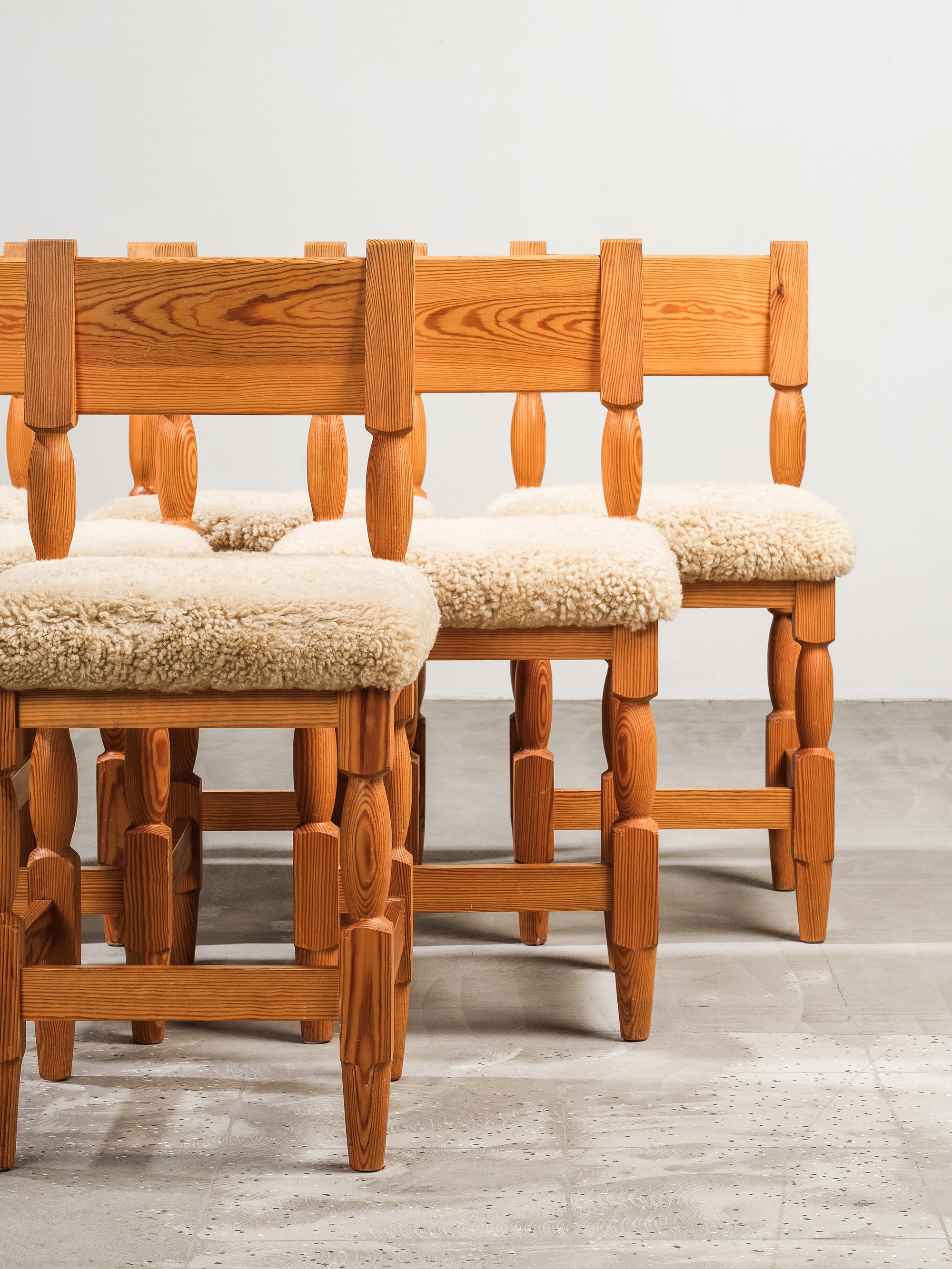 Scandinavian Mid-Century Dining Chairs in Pine and Sheepskin, Set of 6