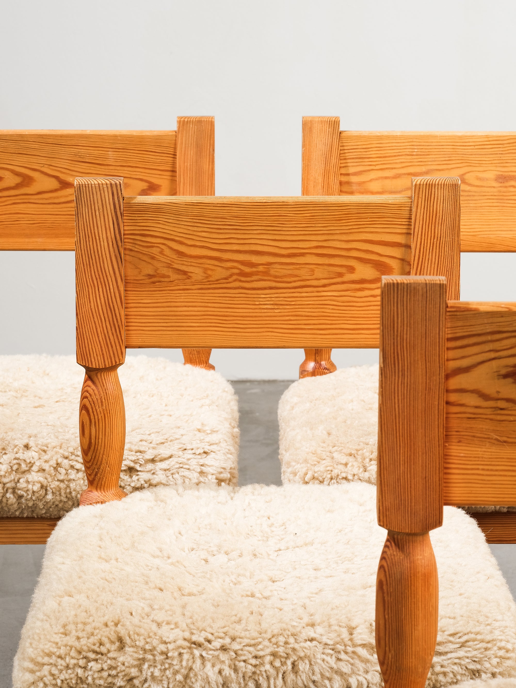 Scandinavian Mid-Century Dining Chairs in Pine and Sheepskin, Set of 6