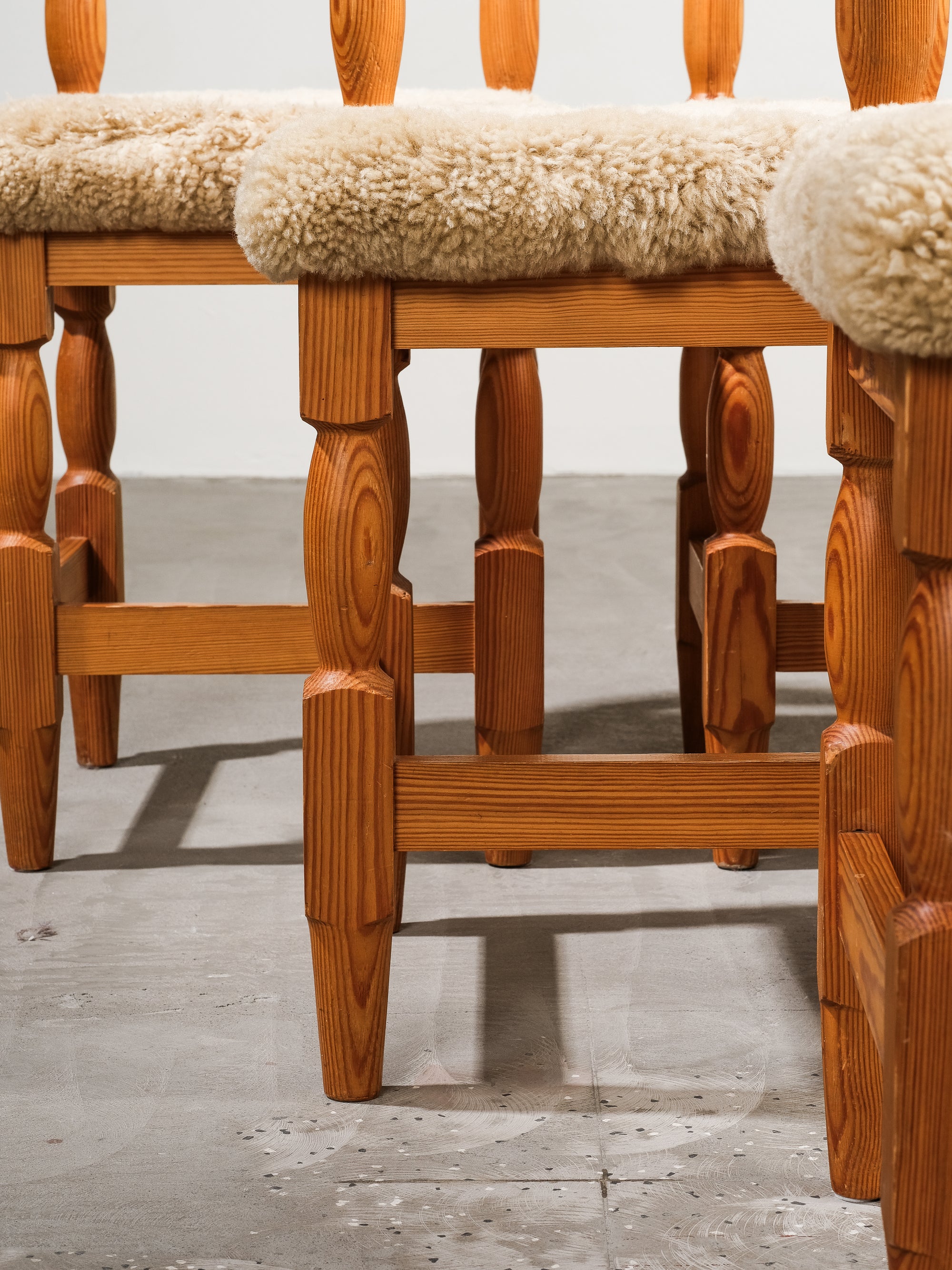 Scandinavian Mid-Century Dining Chairs in Pine and Sheepskin, Set of 6