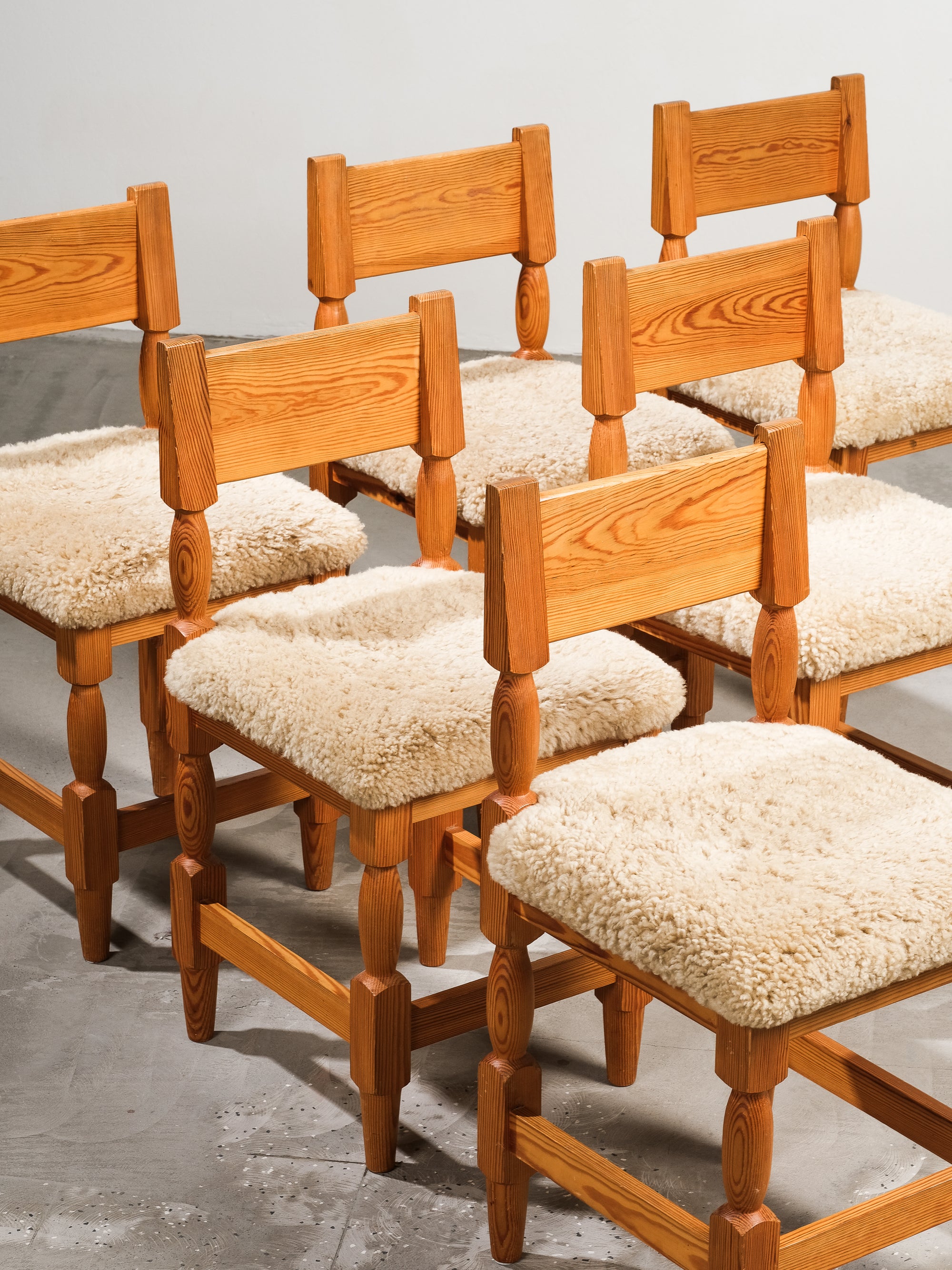 Scandinavian Mid-Century Dining Chairs in Pine and Sheepskin, Set of 6
