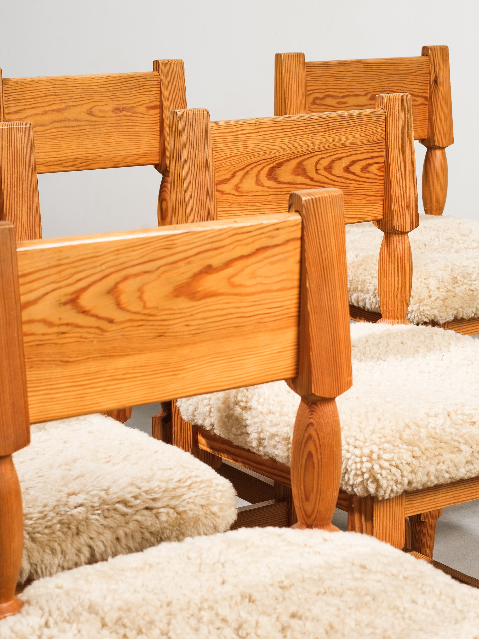 Scandinavian Mid-Century Dining Chairs in Pine and Sheepskin, Set of 6