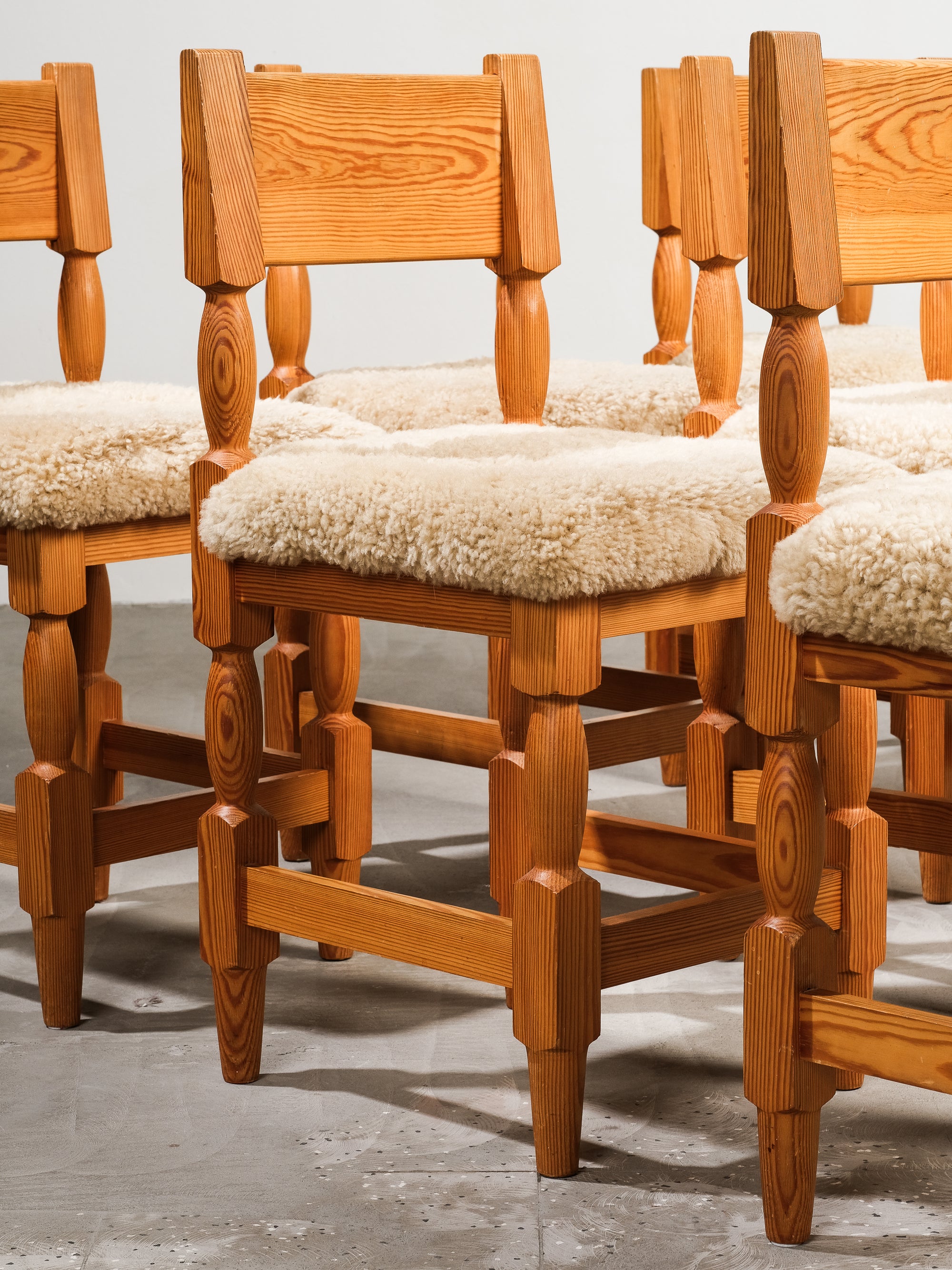 Scandinavian Mid-Century Dining Chairs in Pine and Sheepskin, Set of 6