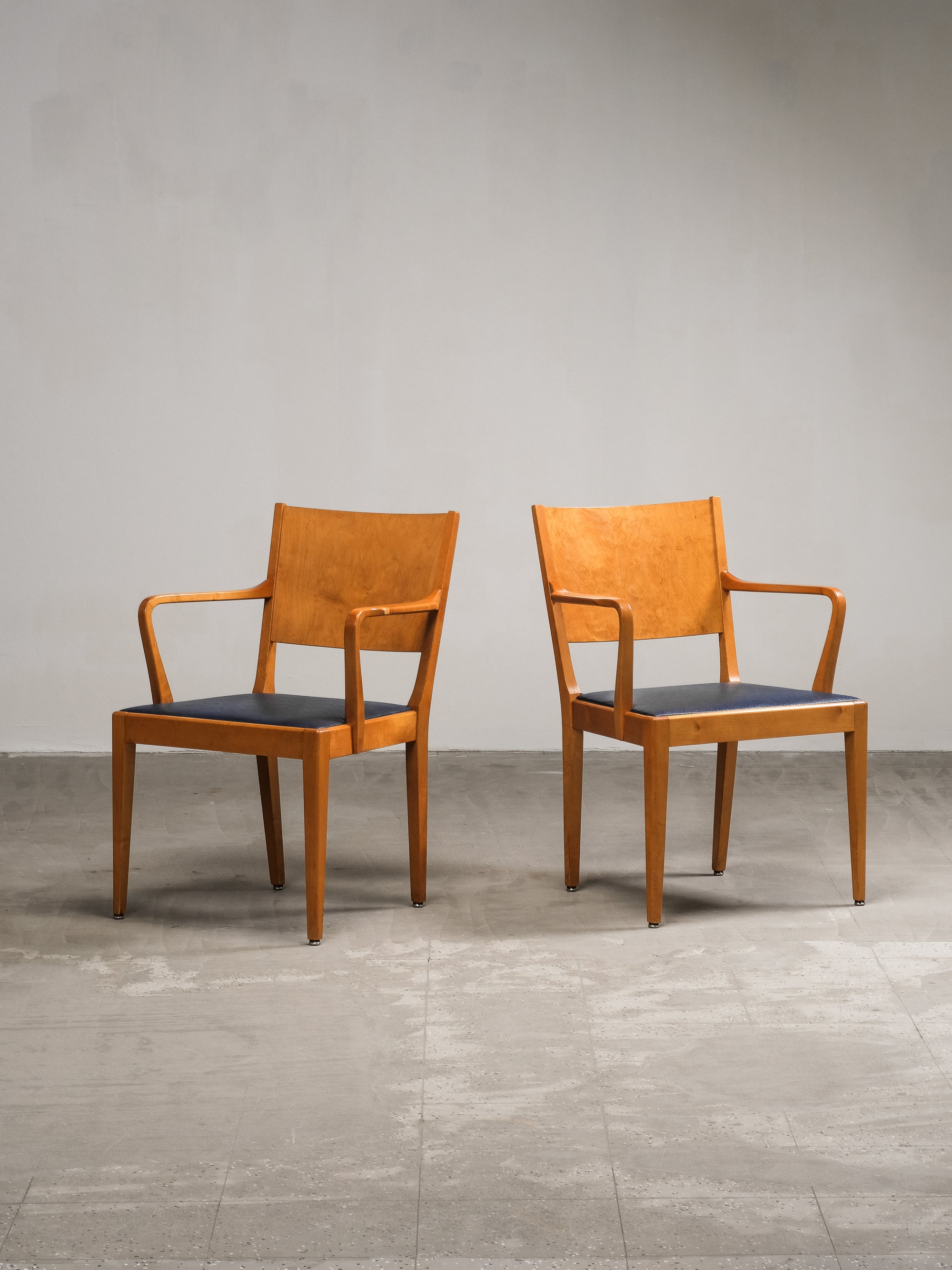 Birch Armchairs with Blue Faux Leather Upholstery, Sweden, 1940s