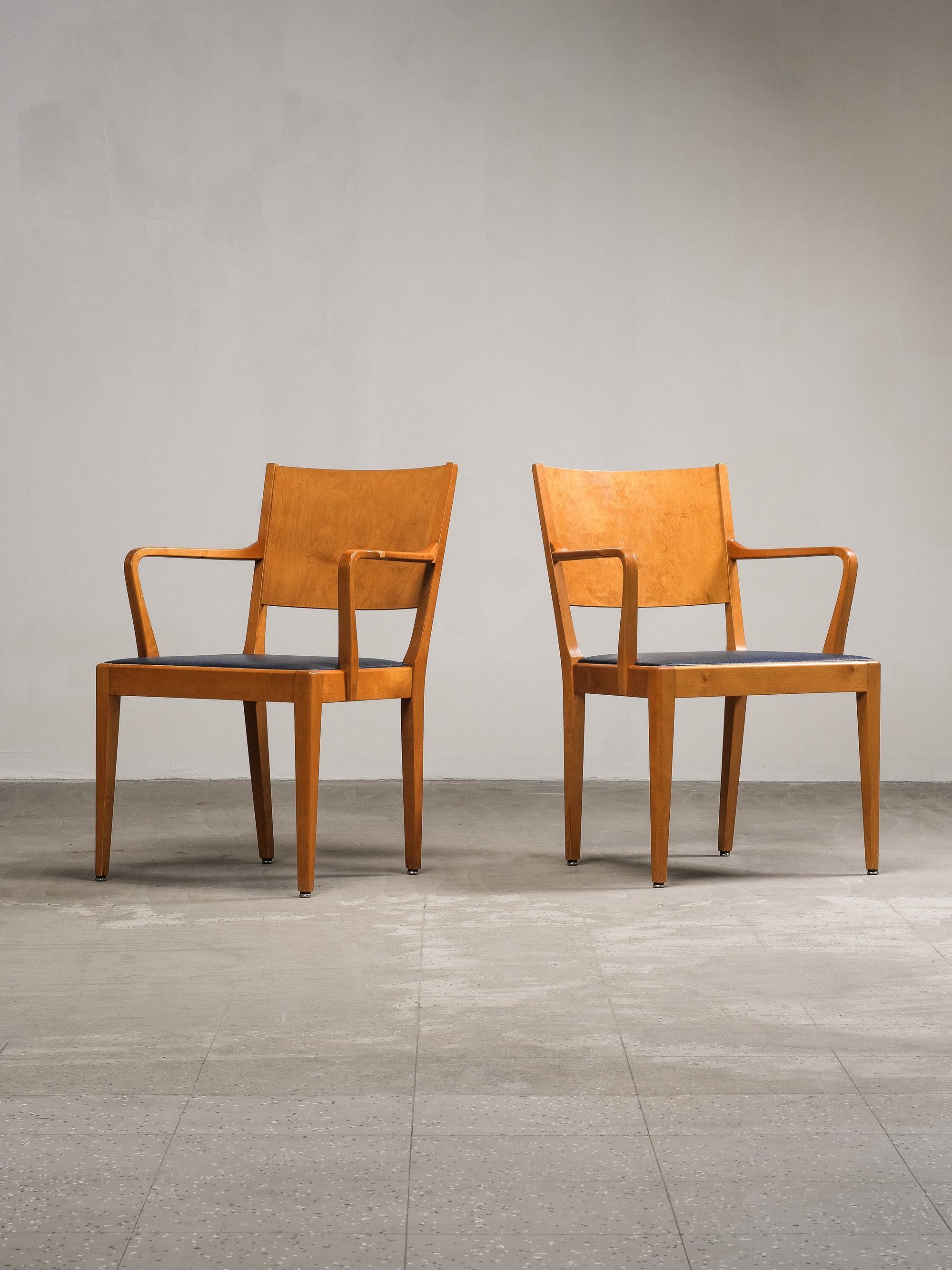 Birch Armchairs with Blue Faux Leather Upholstery, Sweden, 1940s
