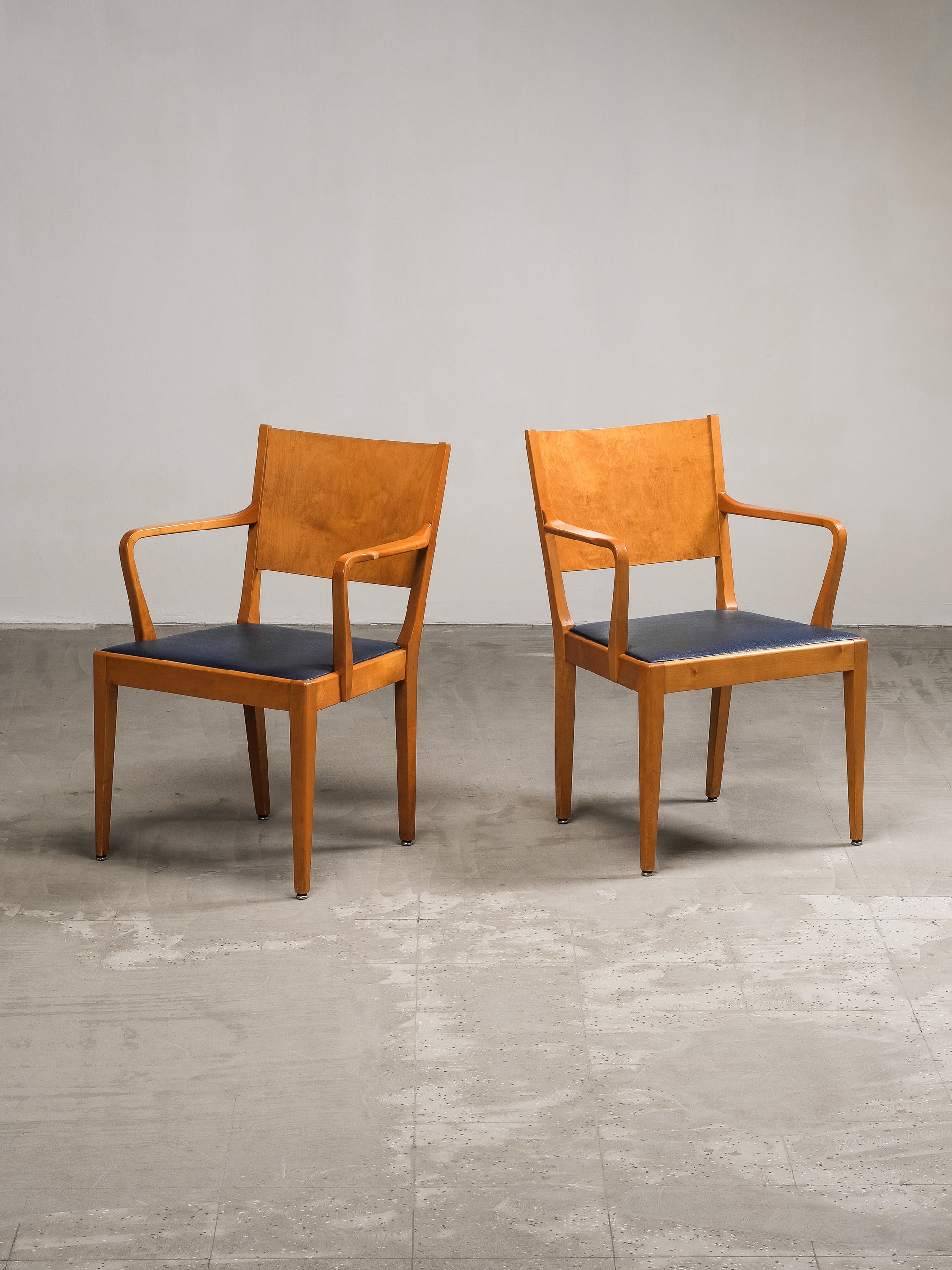 Birch Armchairs with Blue Faux Leather Upholstery, Sweden, 1940s