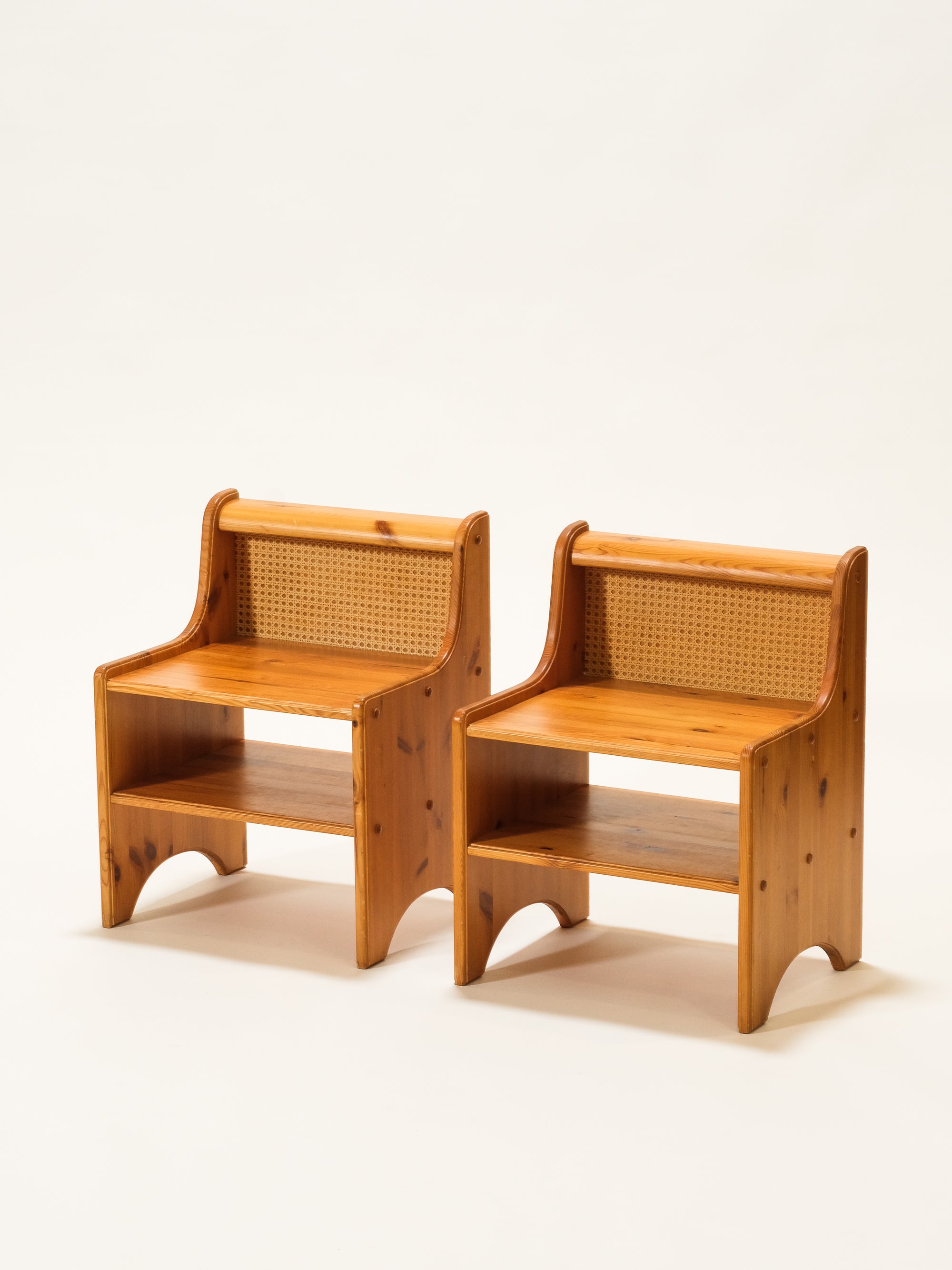 Scandinavian Mid-Century Pine & Rattan Bedside Tables, Set of 2