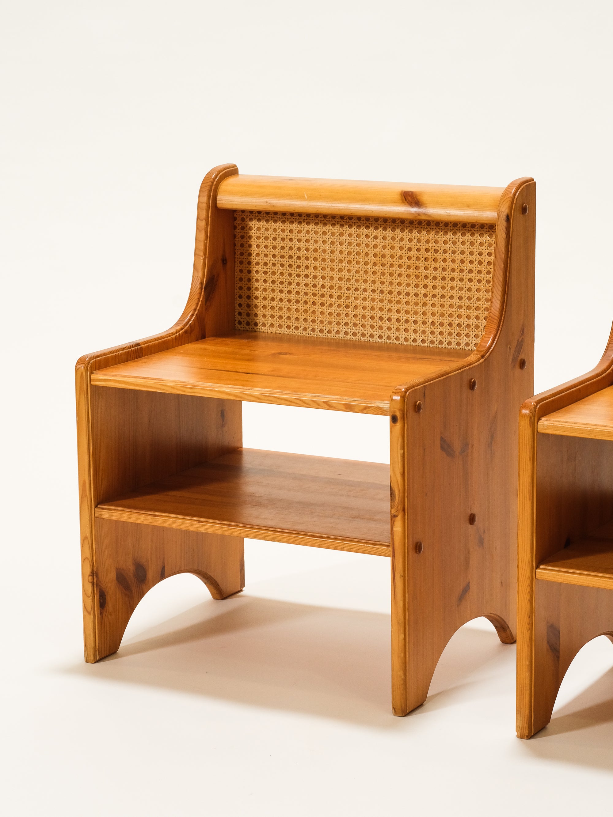 Scandinavian Mid-Century Pine & Rattan Bedside Tables, Set of 2