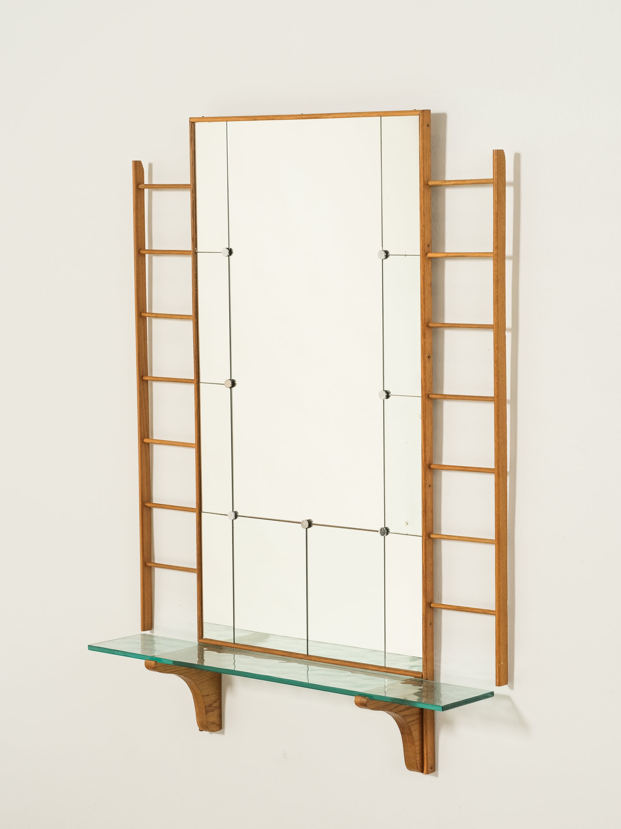 Scandinavian Mid-Century Oak Wall Mirror with Glass Shelf