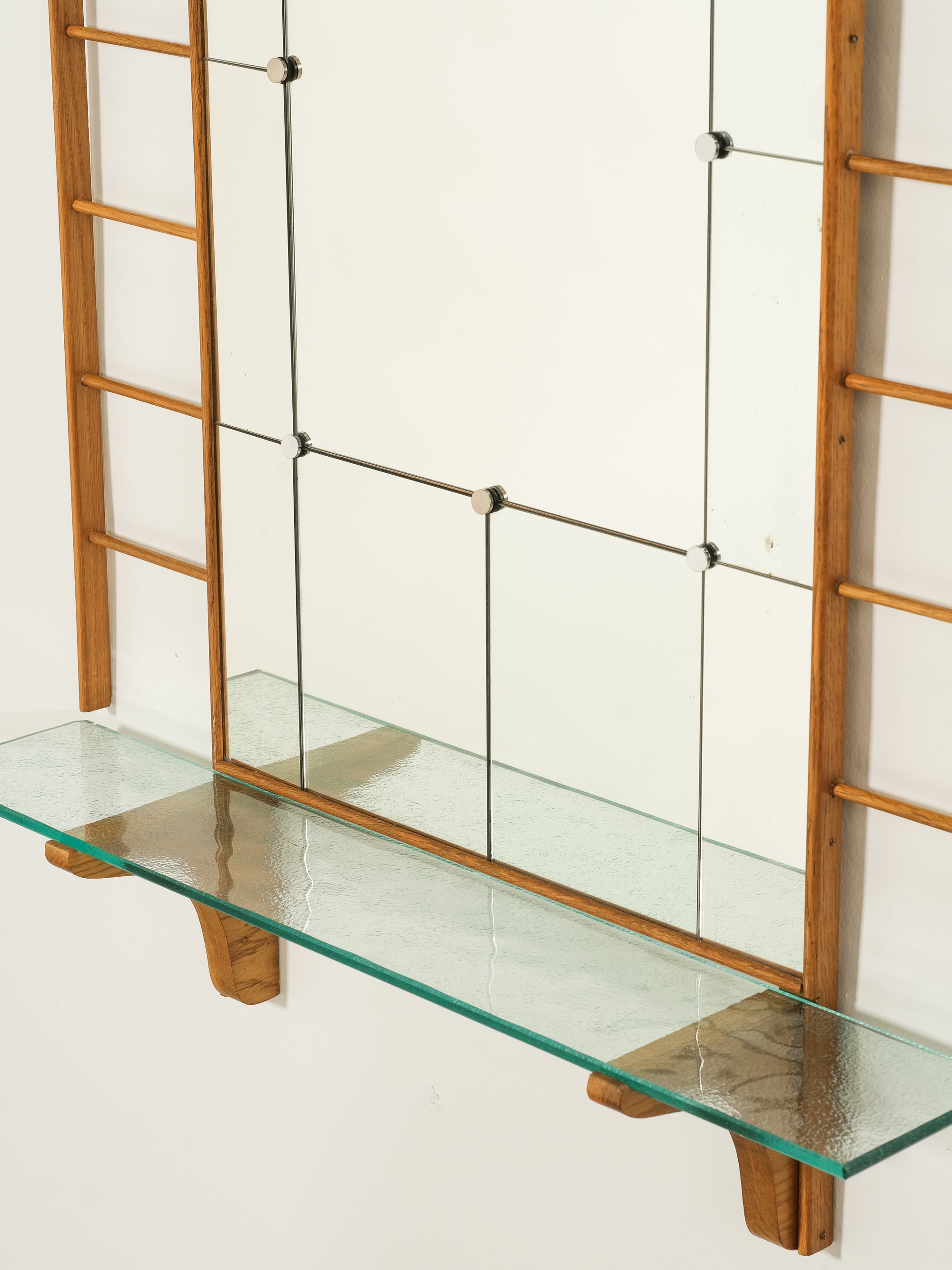 Scandinavian Mid-Century Oak Wall Mirror with Glass Shelf