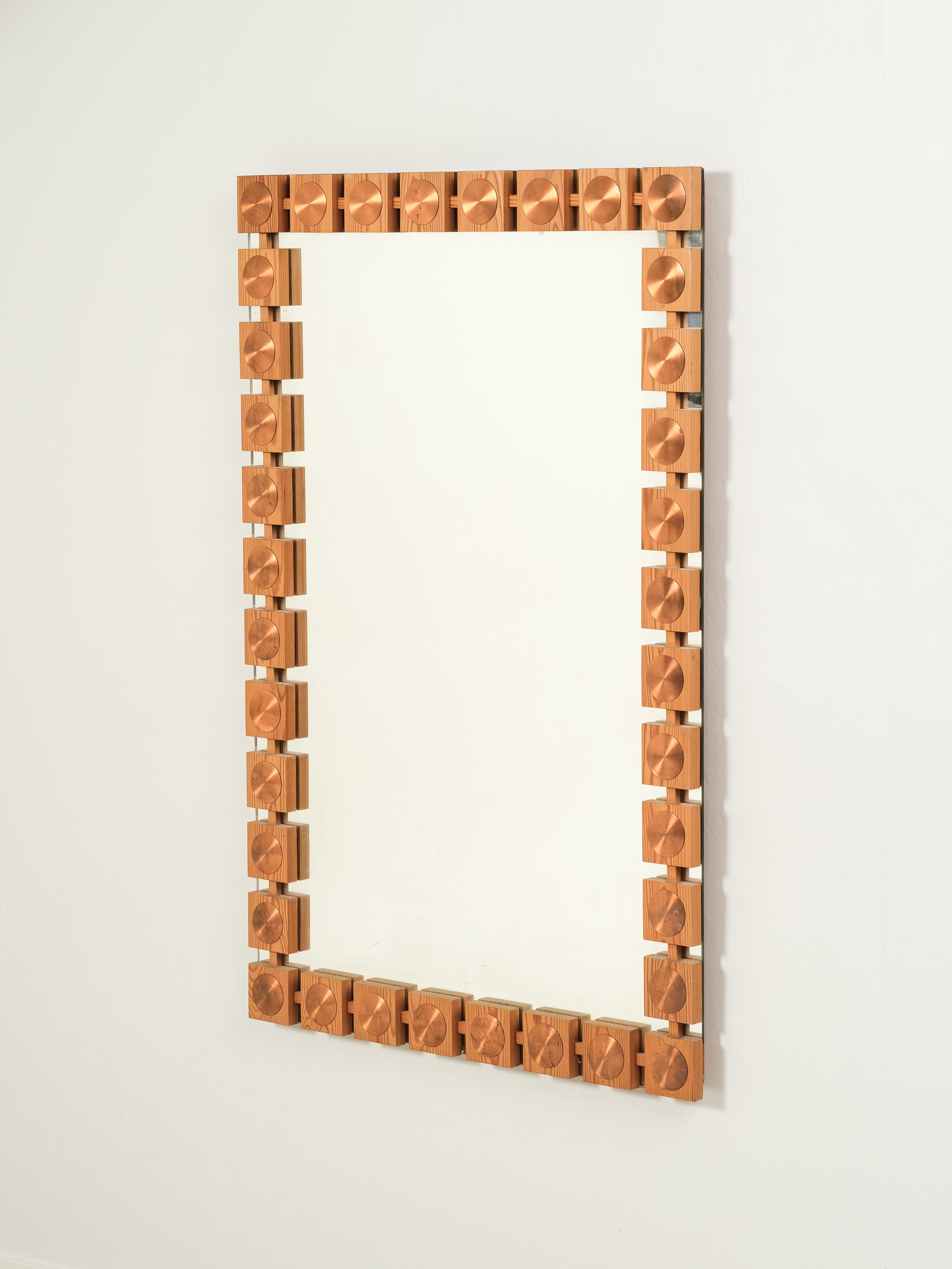 Large Mid-Century Pine & Copper Wall Mirror, Glas & Trä Hovmantorp, Sweden