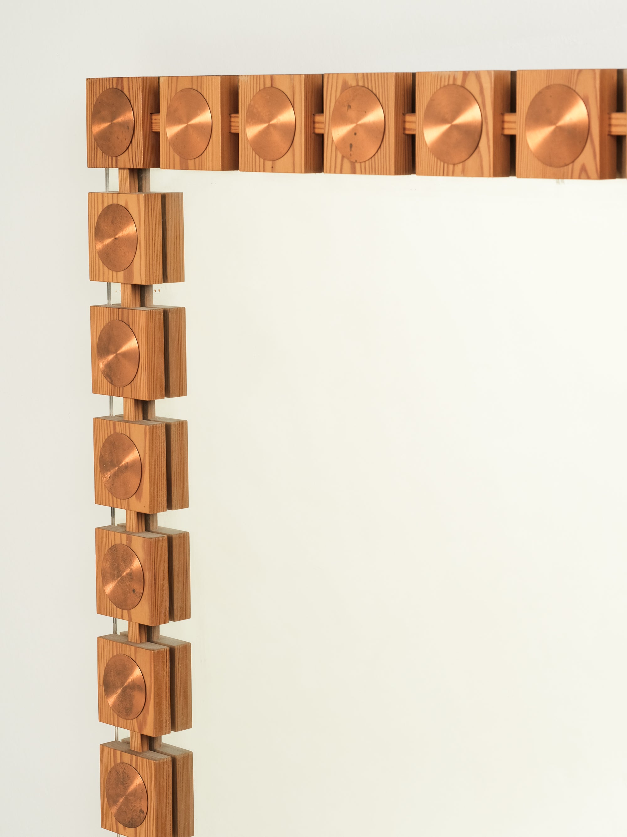 Large Mid-Century Pine & Copper Wall Mirror, Glas & Trä Hovmantorp, Sweden