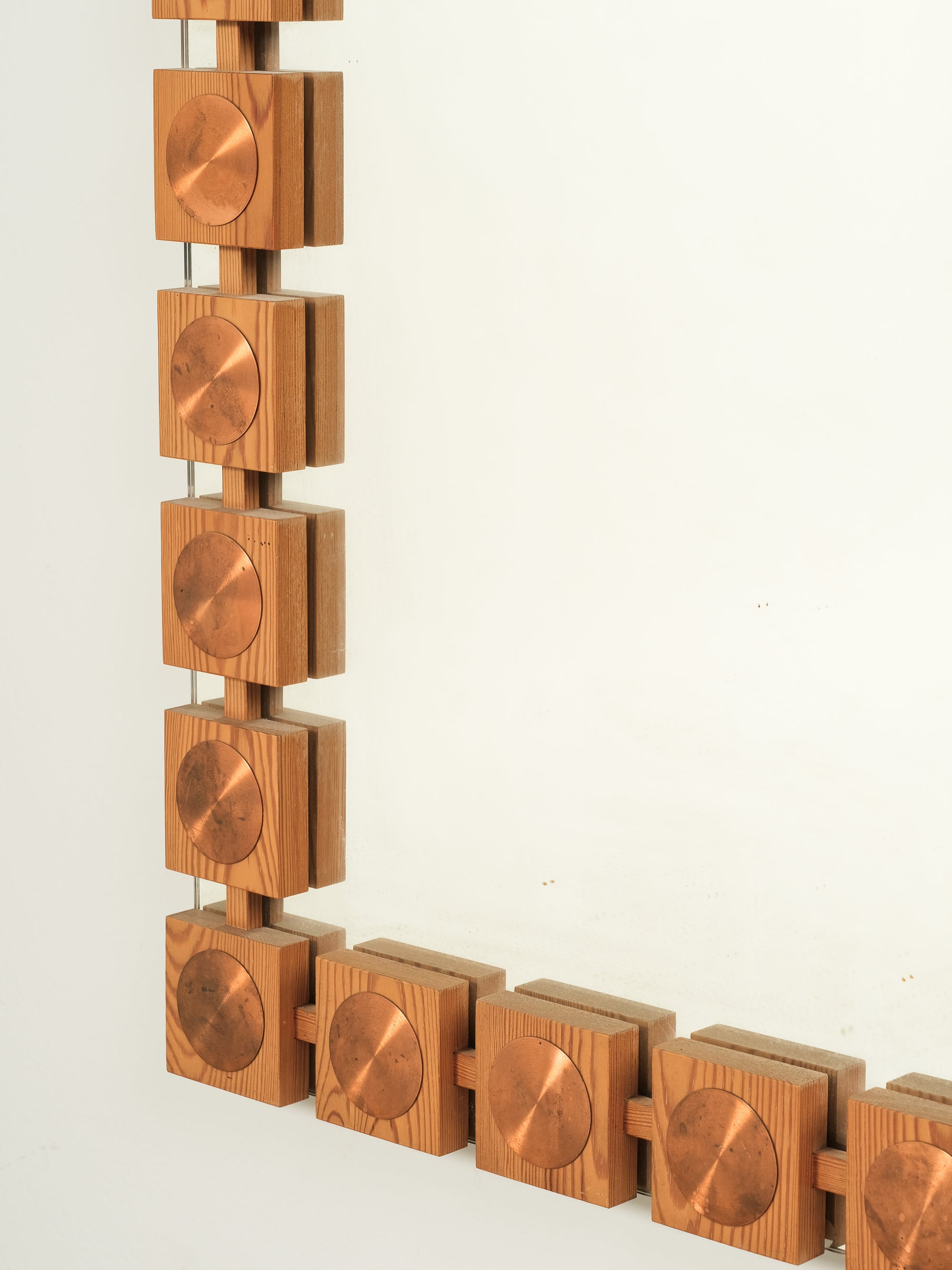 Large Mid-Century Pine & Copper Wall Mirror, Glas & Trä Hovmantorp, Sweden