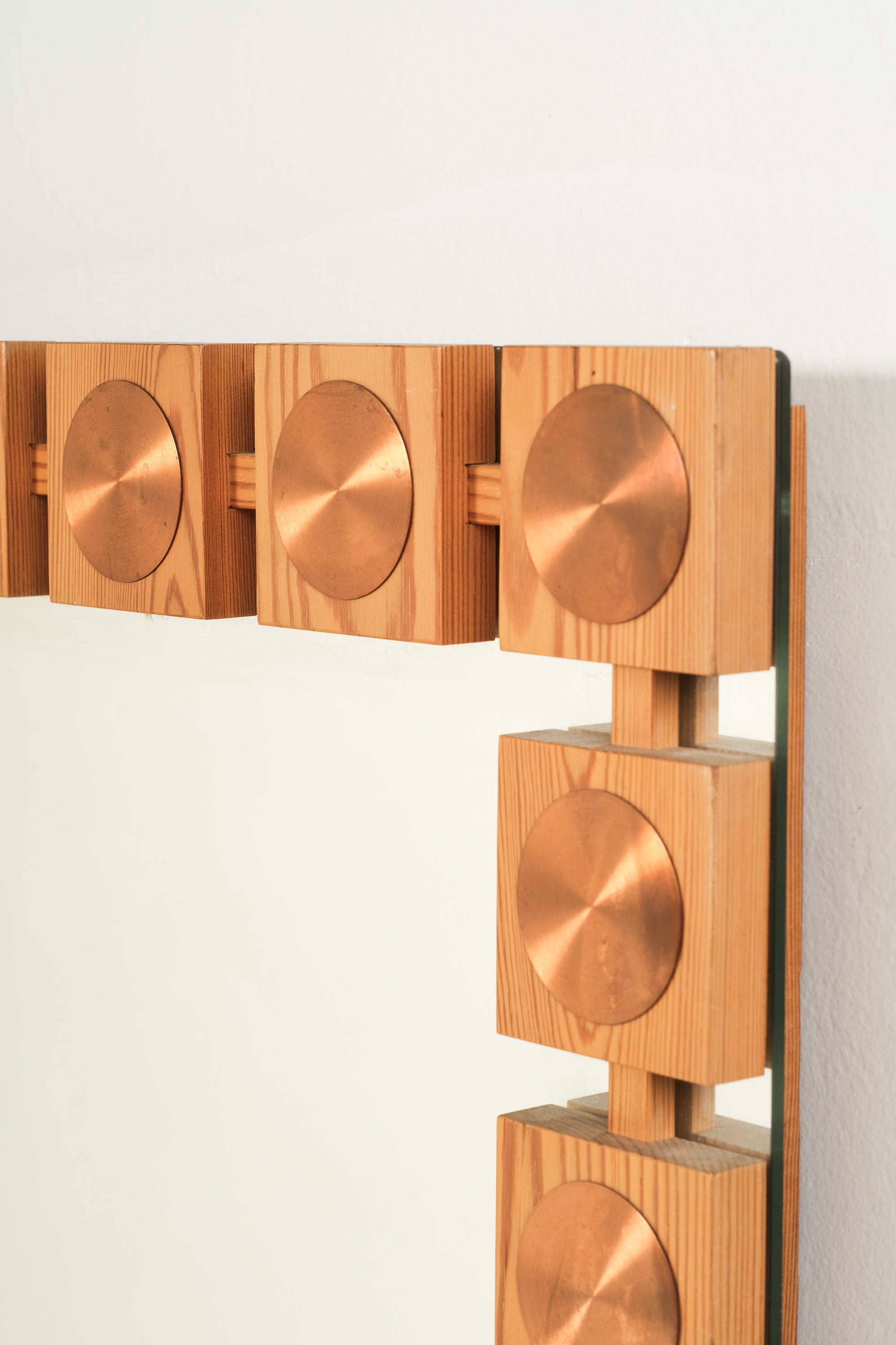 Large Mid-Century Pine & Copper Wall Mirror, Glas & Trä Hovmantorp, Sweden