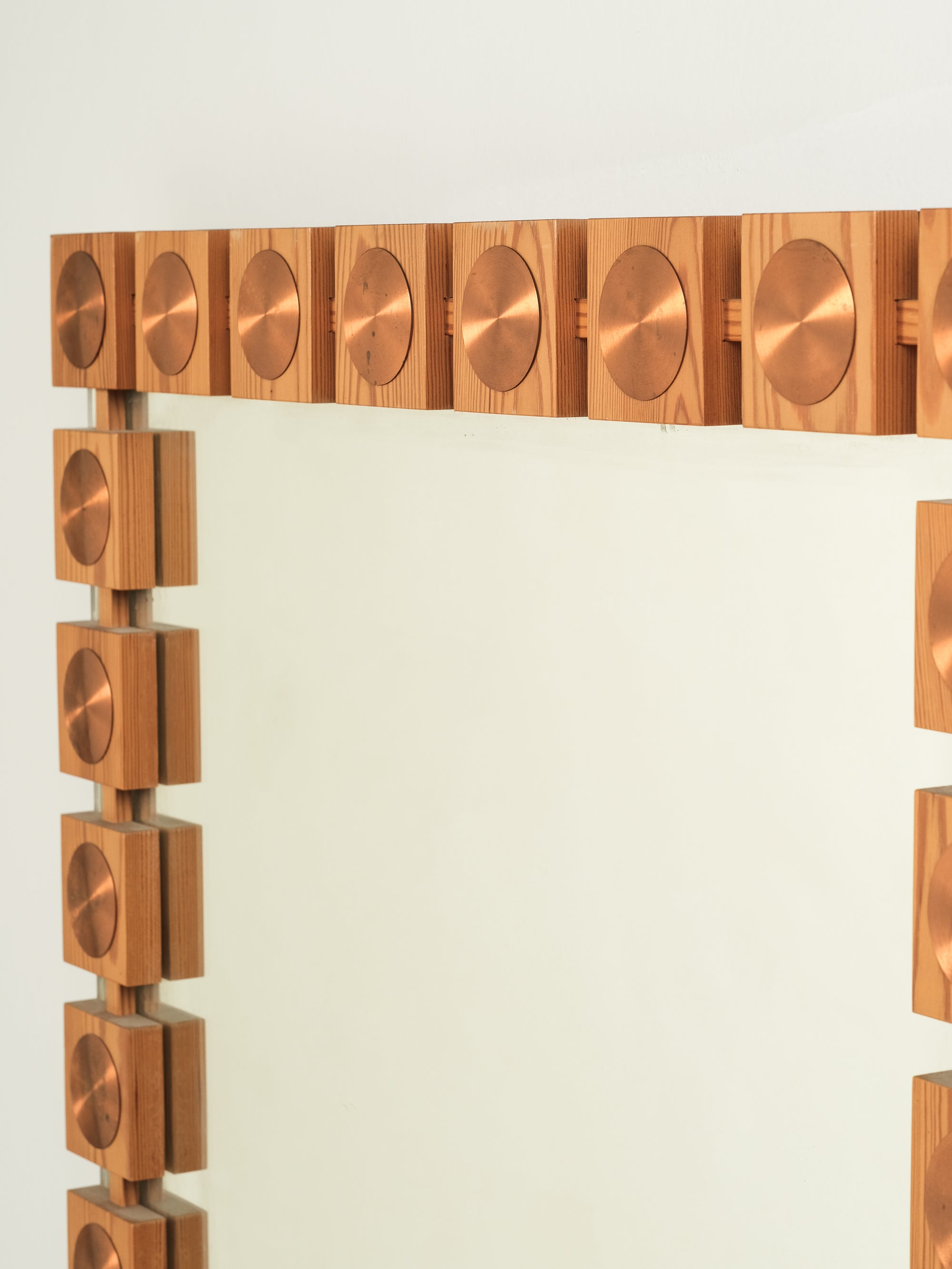 Large Mid-Century Pine & Copper Wall Mirror, Glas & Trä Hovmantorp, Sweden