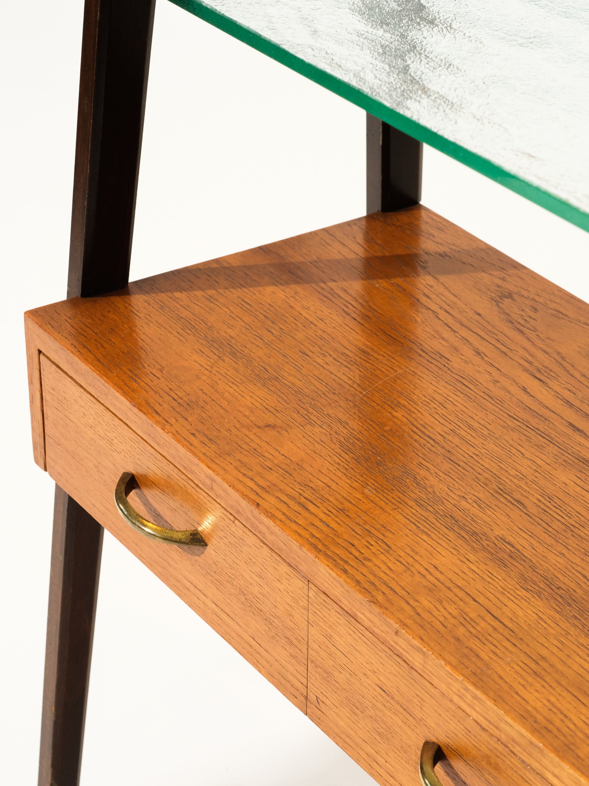 Mid-Century Side Table with Drawers and Glass Shelf