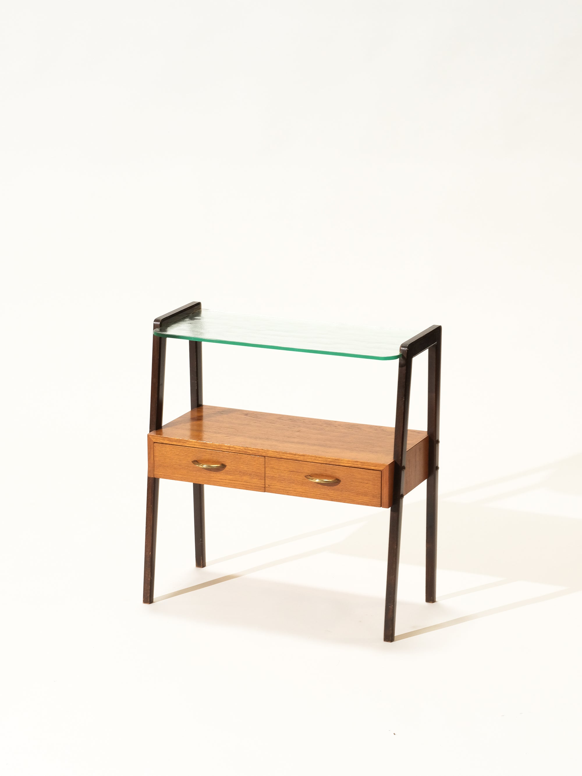 Mid-Century Side Table with Drawers and Glass Shelf
