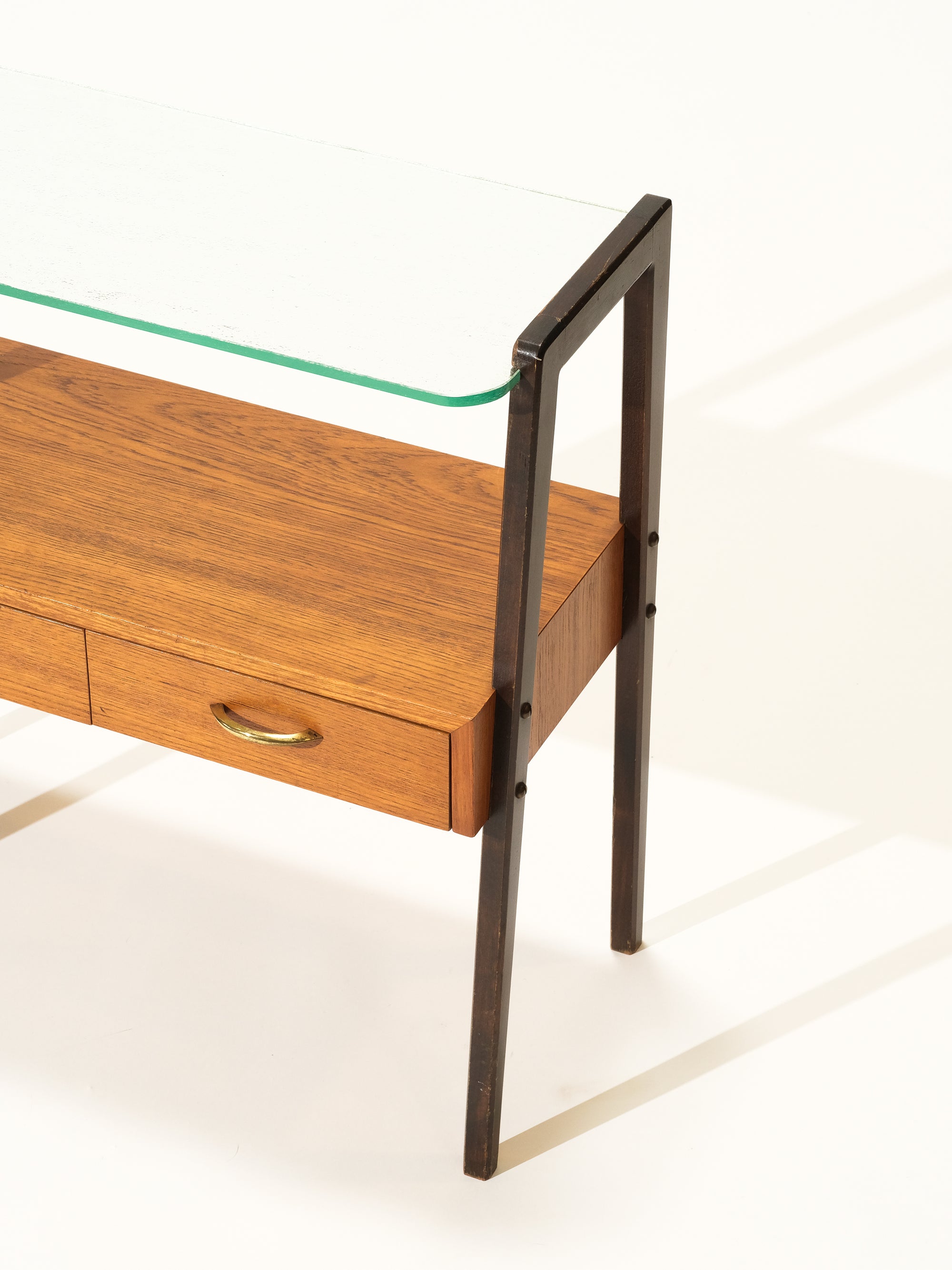 Mid-Century Side Table with Drawers and Glass Shelf