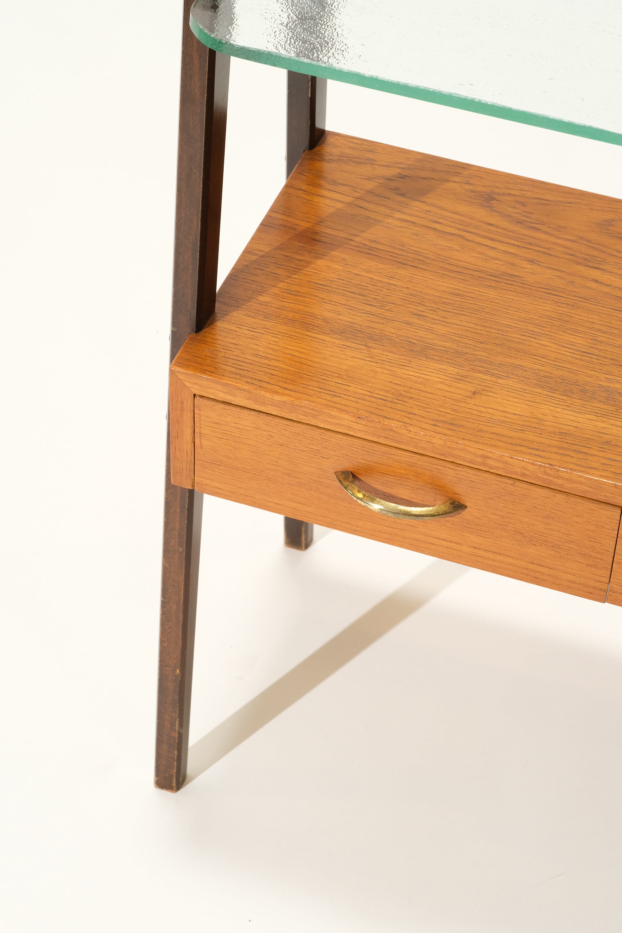 Mid-Century Side Table with Drawers and Glass Shelf