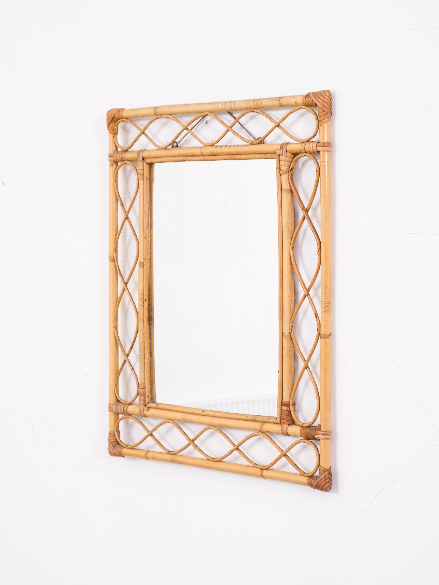 Rectangular Bamboo & Rattan Mirror, 1950s