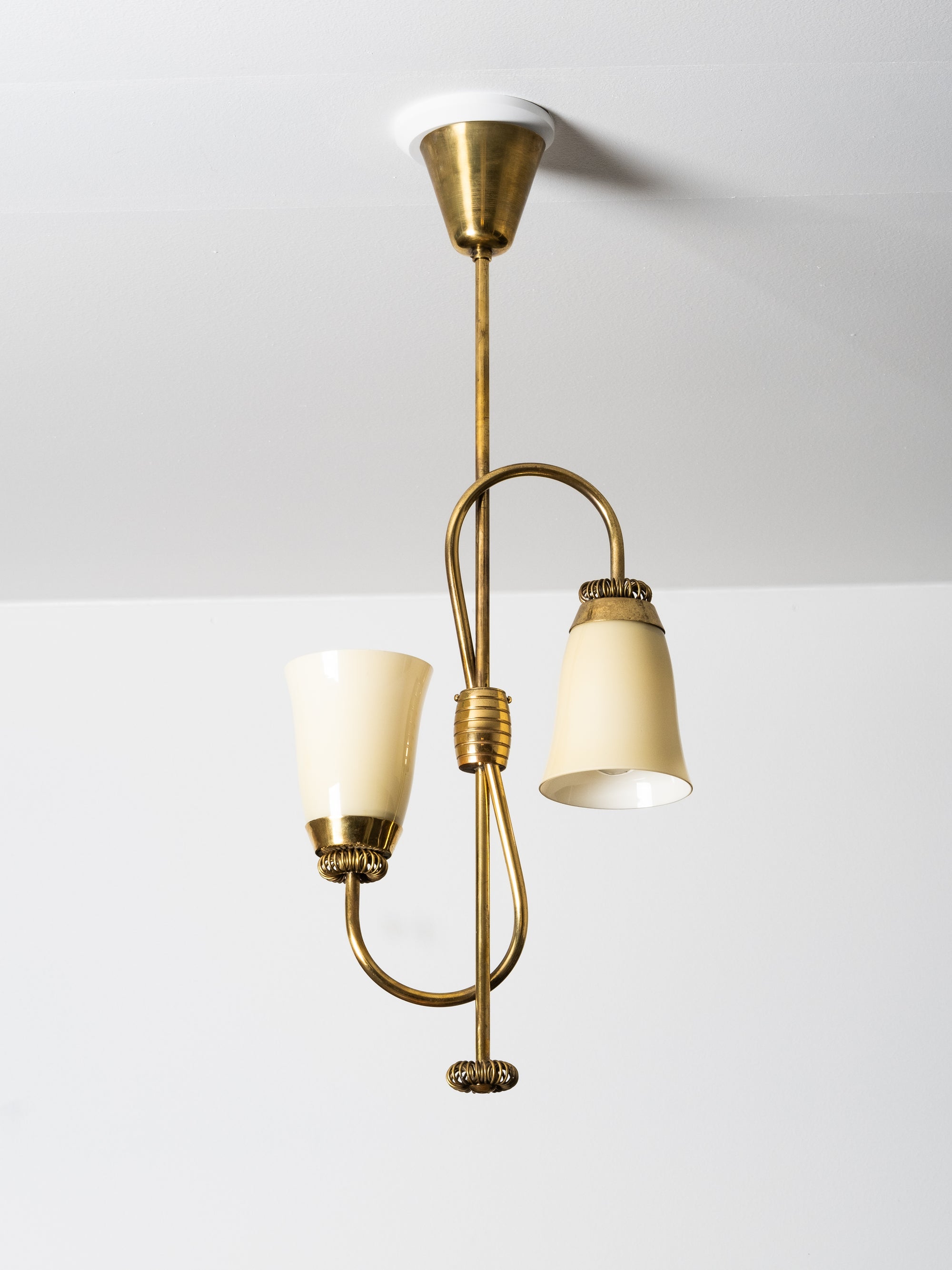 Mid-Century Brass and Opaline Glass Chandelier by Sievä Oy, Finland, 1950s