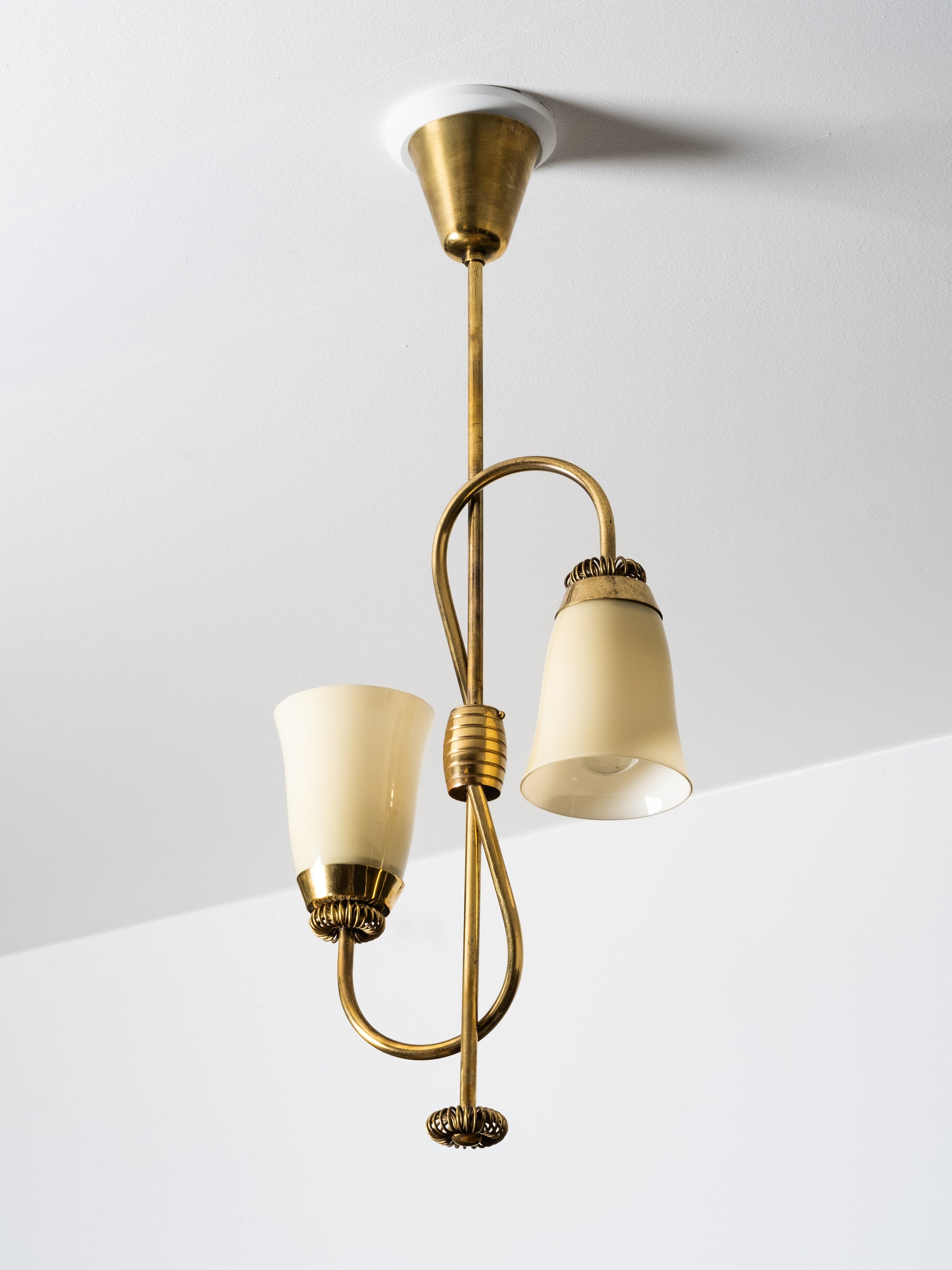 Mid-Century Brass and Opaline Glass Chandelier by Sievä Oy, Finland, 1950s