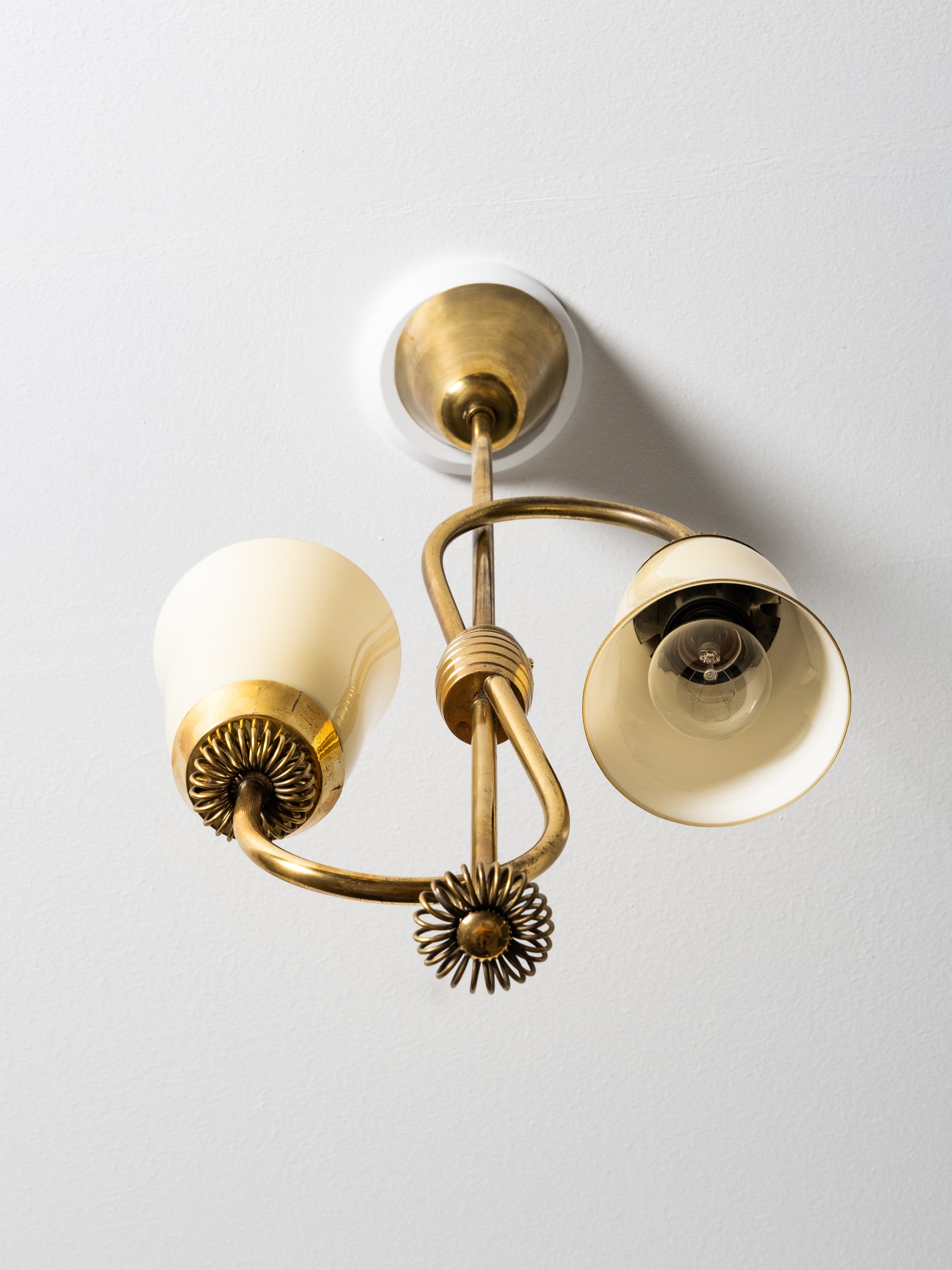 Mid-Century Brass and Opaline Glass Chandelier by Sievä Oy, Finland, 1950s