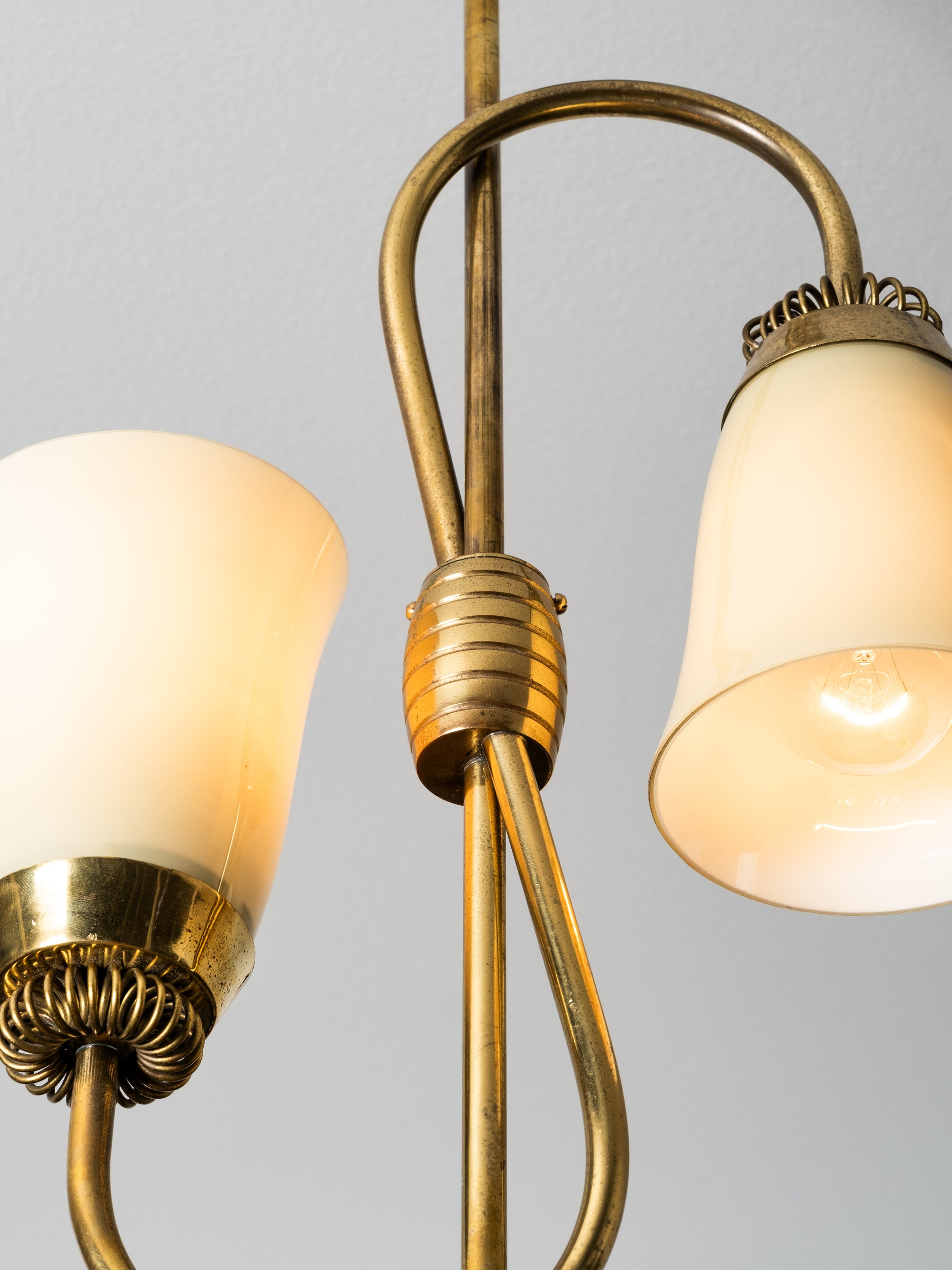 Mid-Century Brass and Opaline Glass Chandelier by Sievä Oy, Finland, 1950s