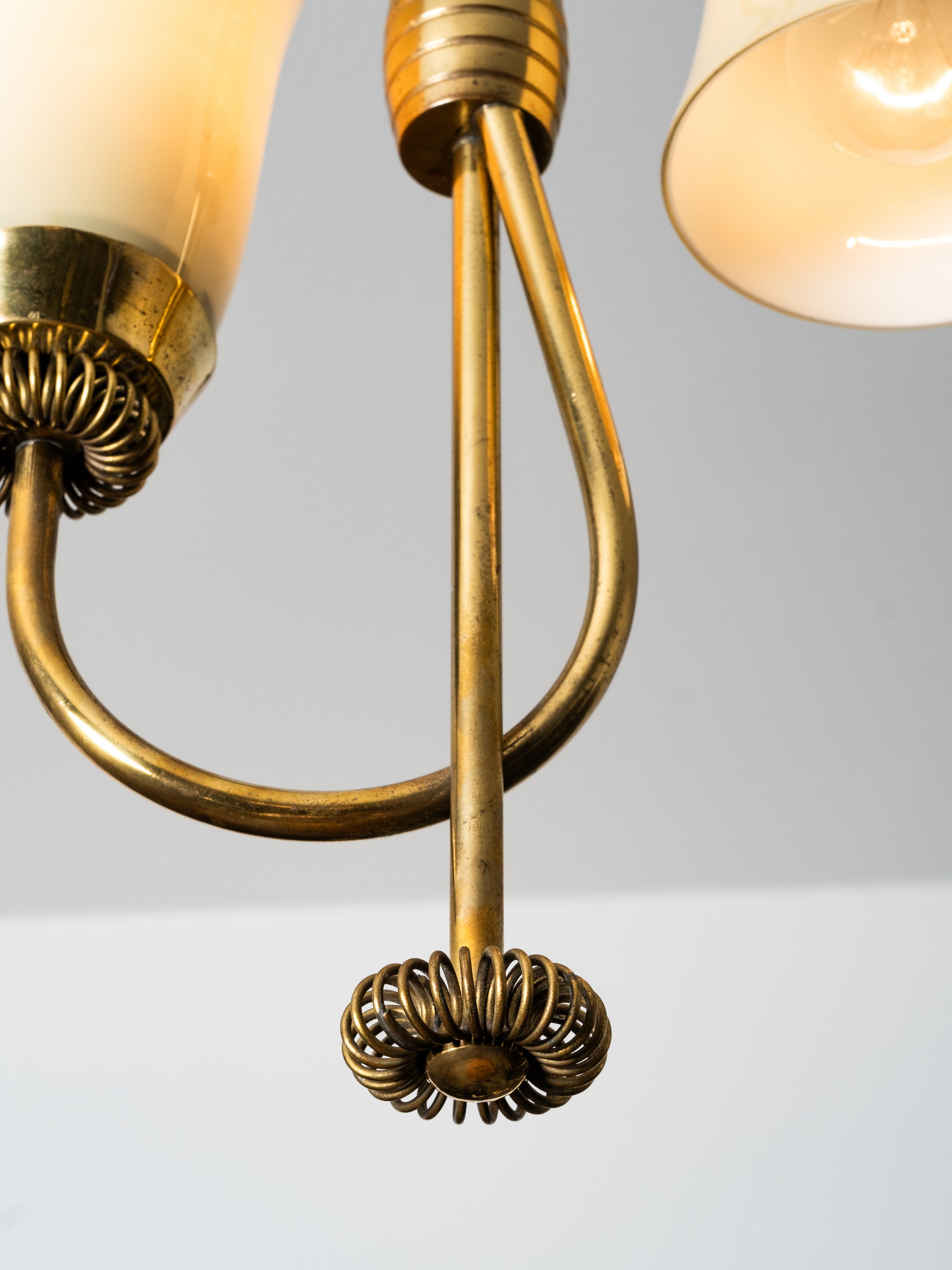 Mid-Century Brass and Opaline Glass Chandelier by Sievä Oy, Finland, 1950s