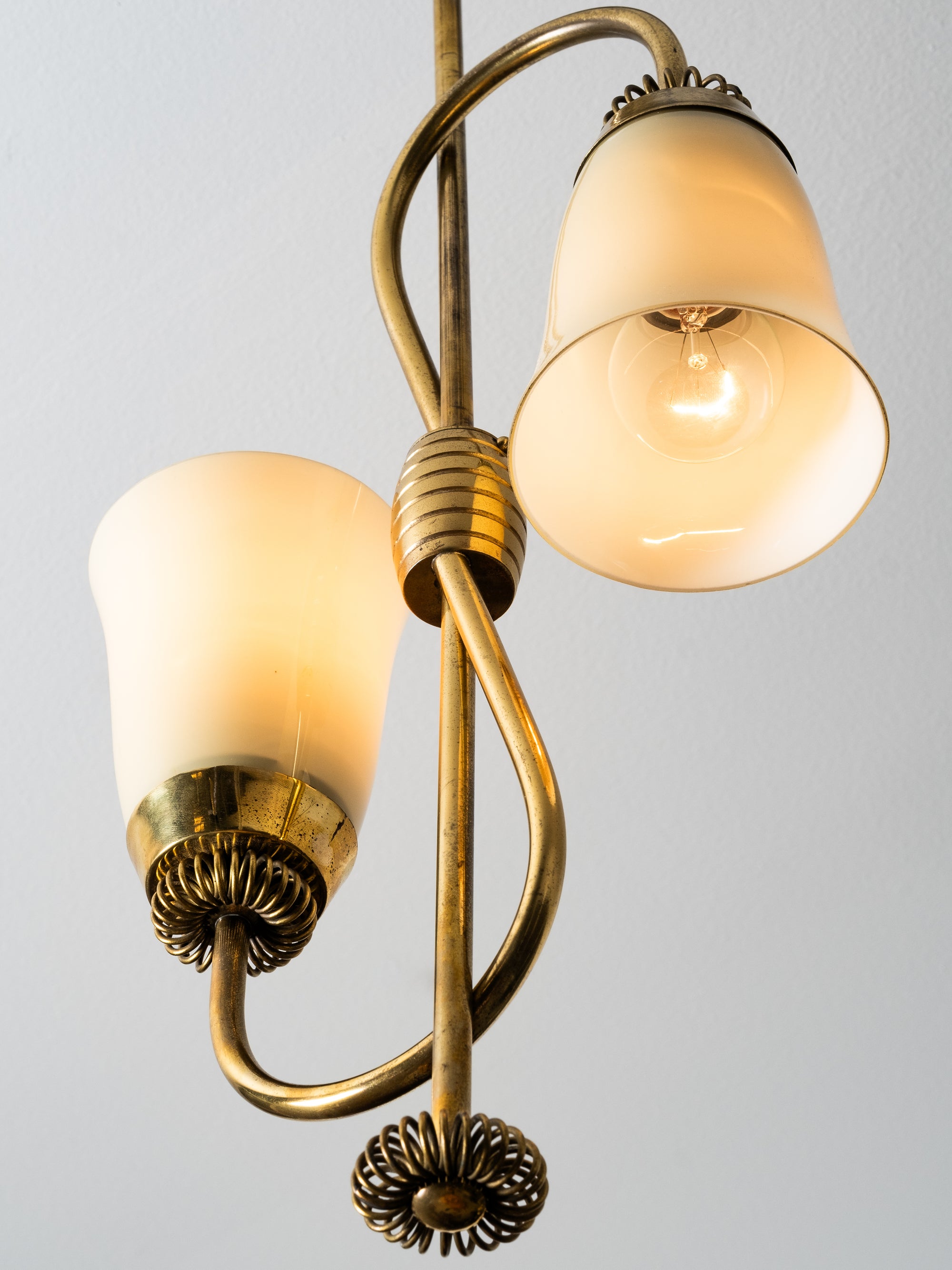 Mid-Century Brass and Opaline Glass Chandelier by Sievä Oy, Finland, 1950s