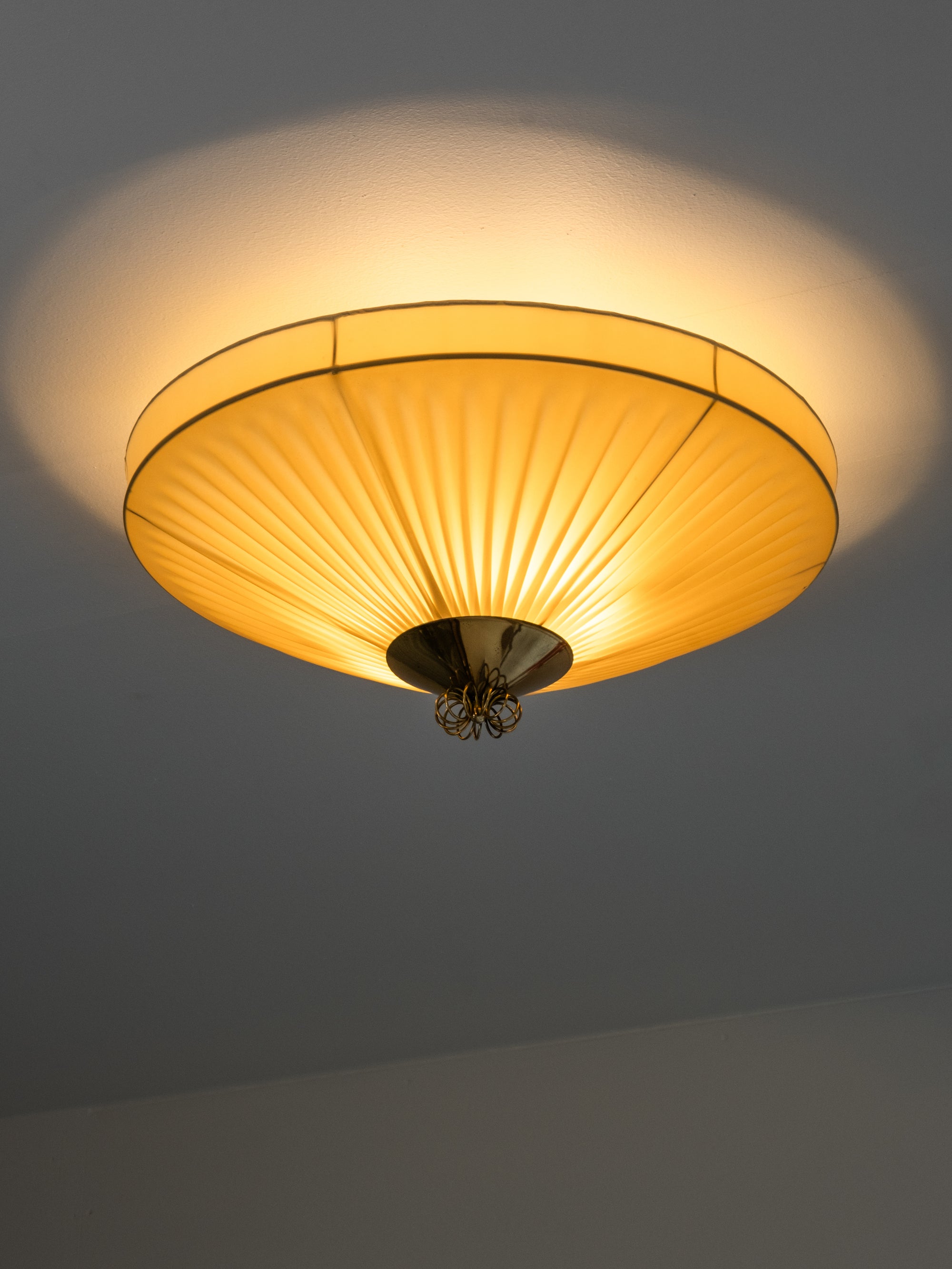 Mid-Century Brass &amp; Pleated Synthetic Textile Flush Mount, Finland, 1950s