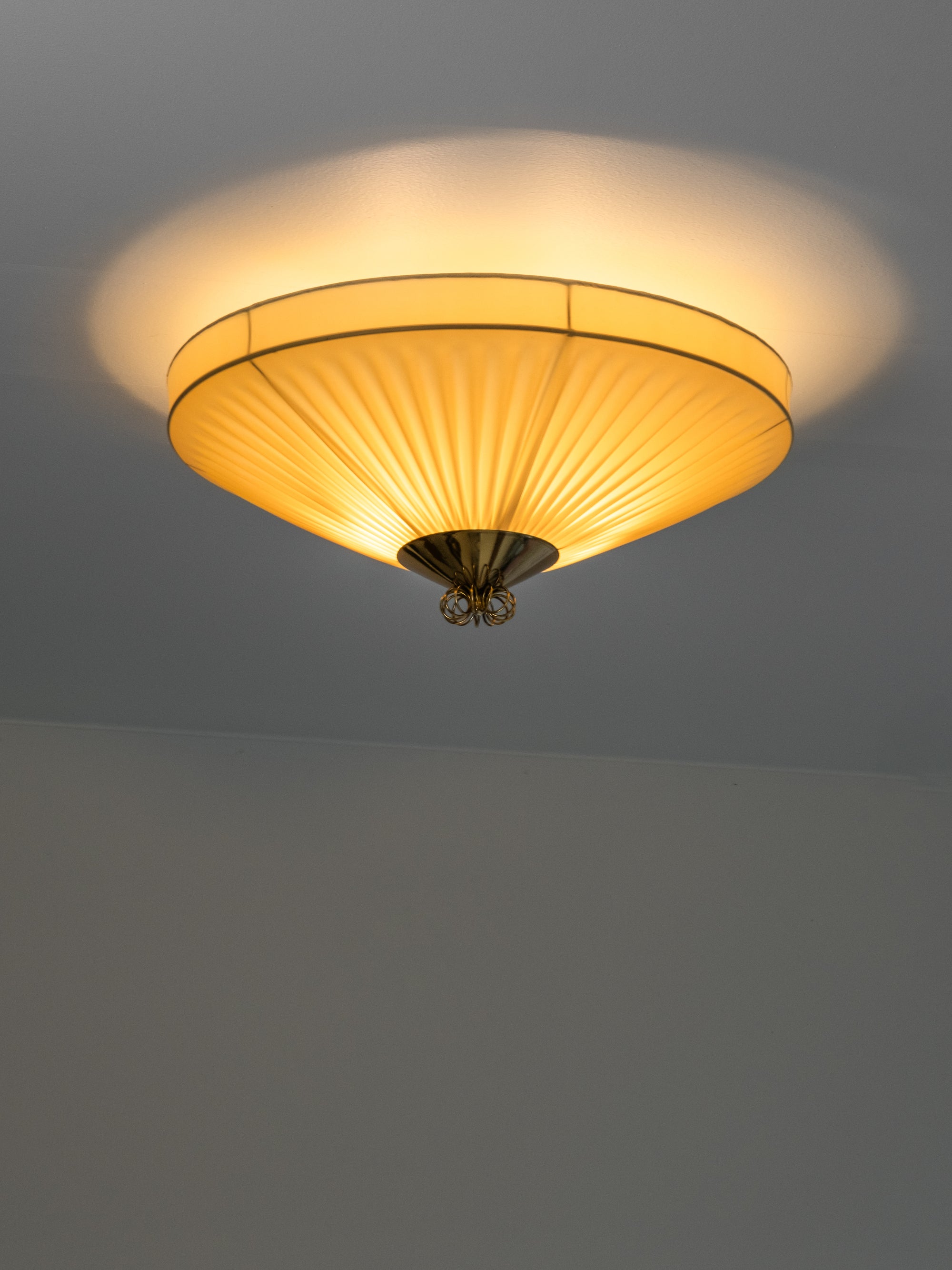 Mid-Century Brass &amp; Pleated Synthetic Textile Flush Mount, Finland, 1950s