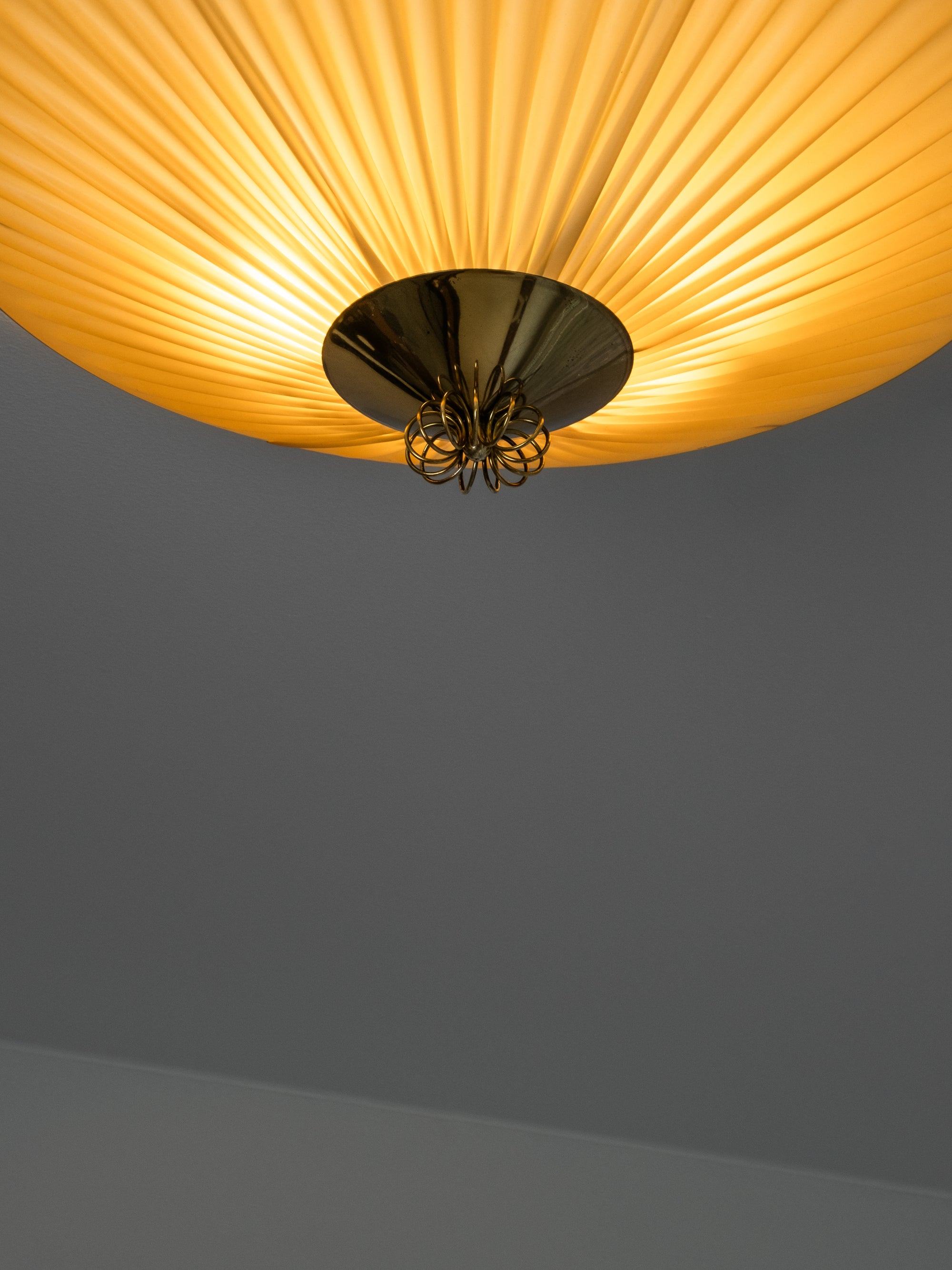 Mid-Century Brass &amp; Pleated Synthetic Textile Flush Mount, Finland, 1950s