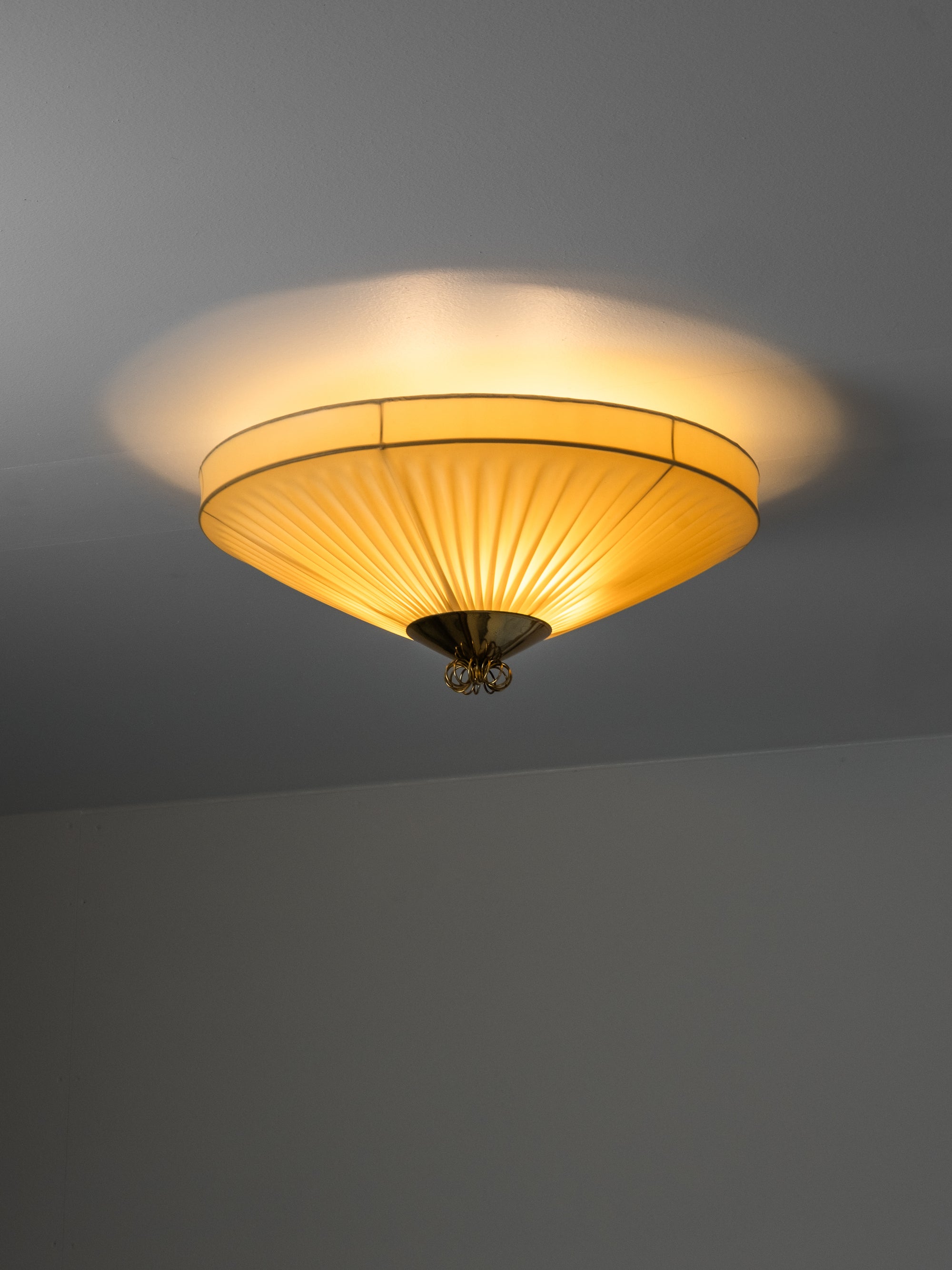 Mid-Century Brass &amp; Pleated Synthetic Textile Flush Mount, Finland, 1950s