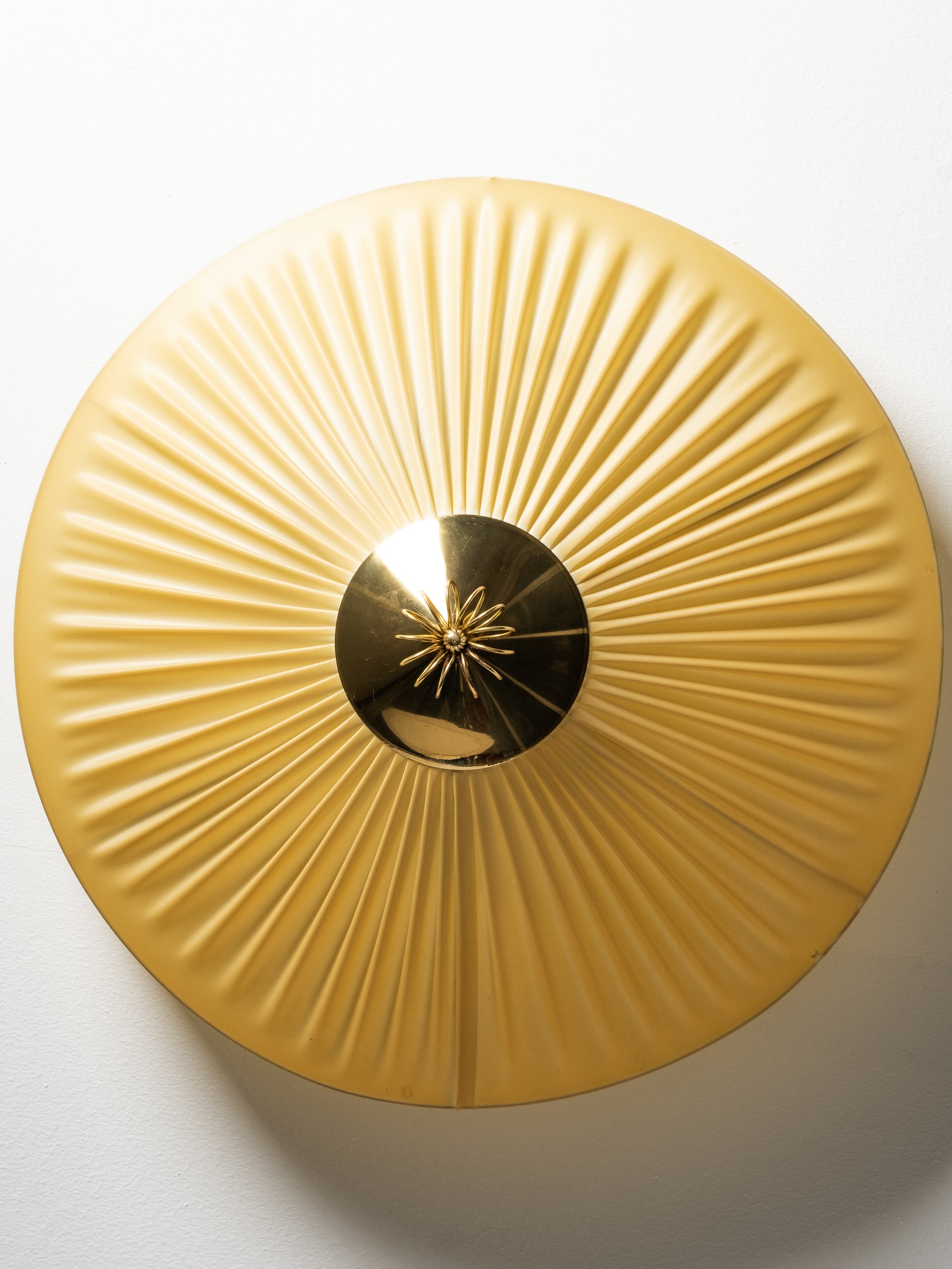 Mid-Century Brass &amp; Pleated Synthetic Textile Flush Mount, Finland, 1950s