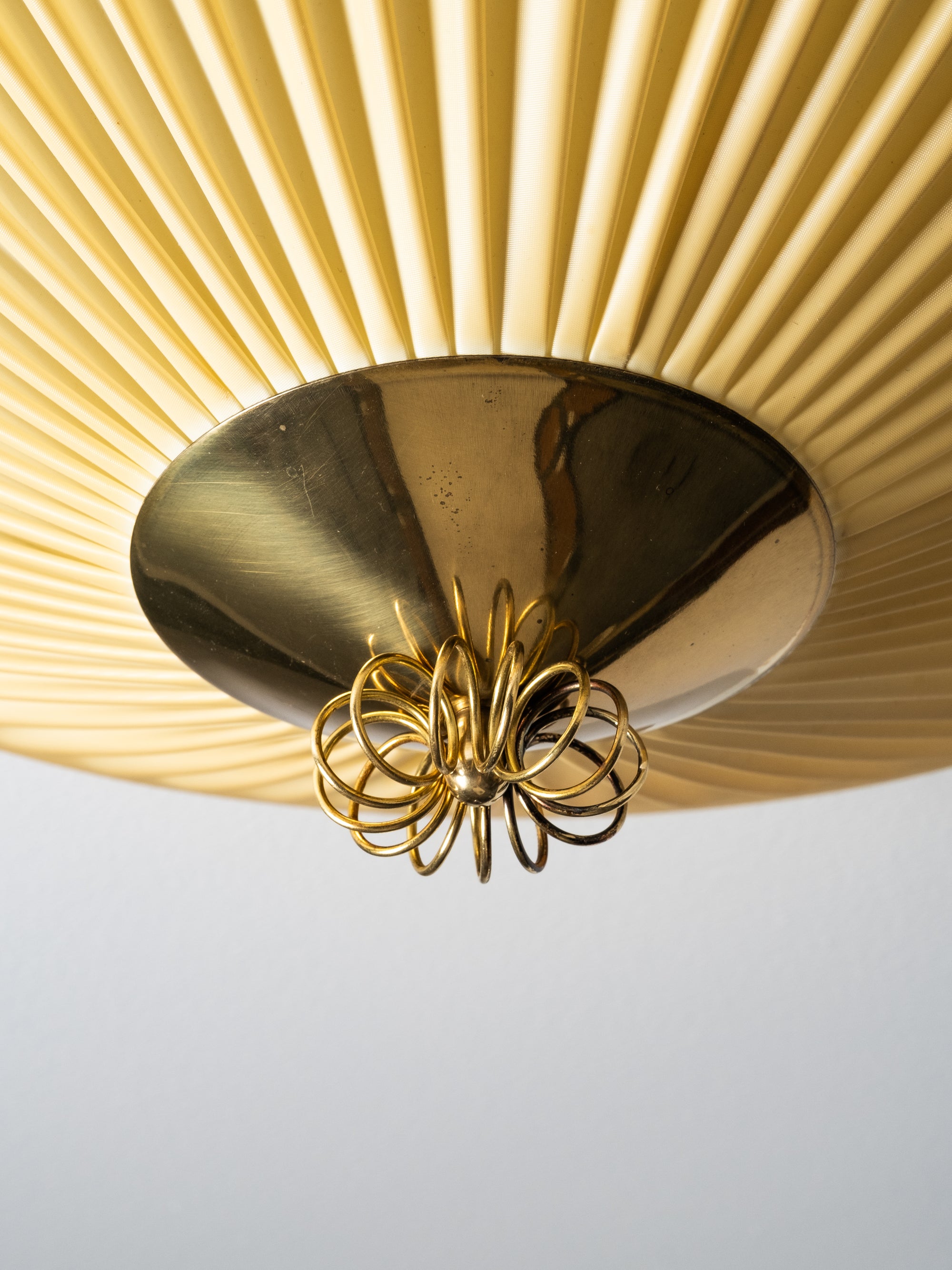 Mid-Century Brass &amp; Pleated Synthetic Textile Flush Mount, Finland, 1950s