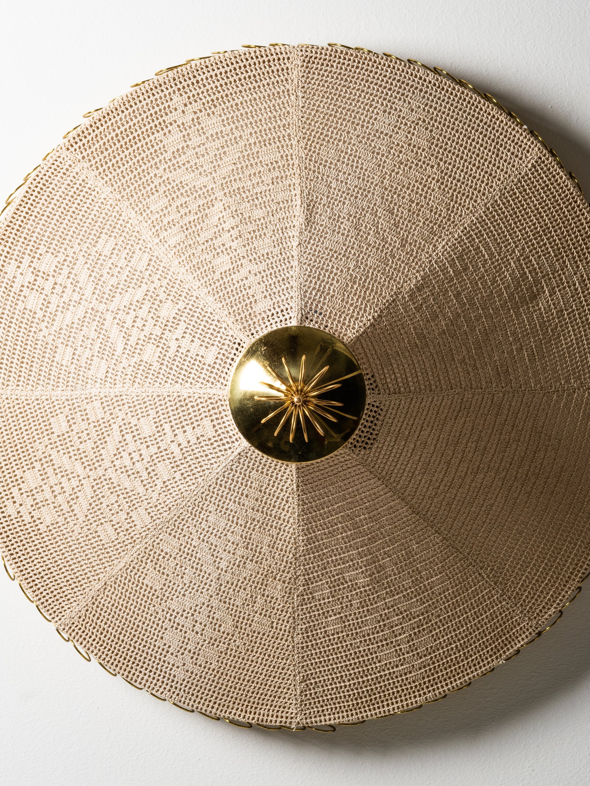 Rare Finnish Flush Mount in Brass &amp; Karelian-Style Embroidery, 1950s