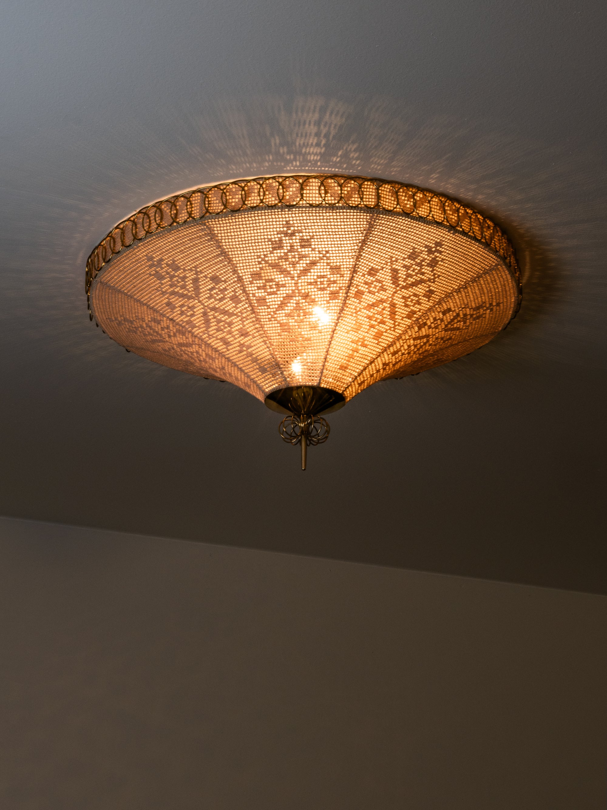 Rare Finnish Flush Mount in Brass &amp; Karelian-Style Embroidery, 1950s