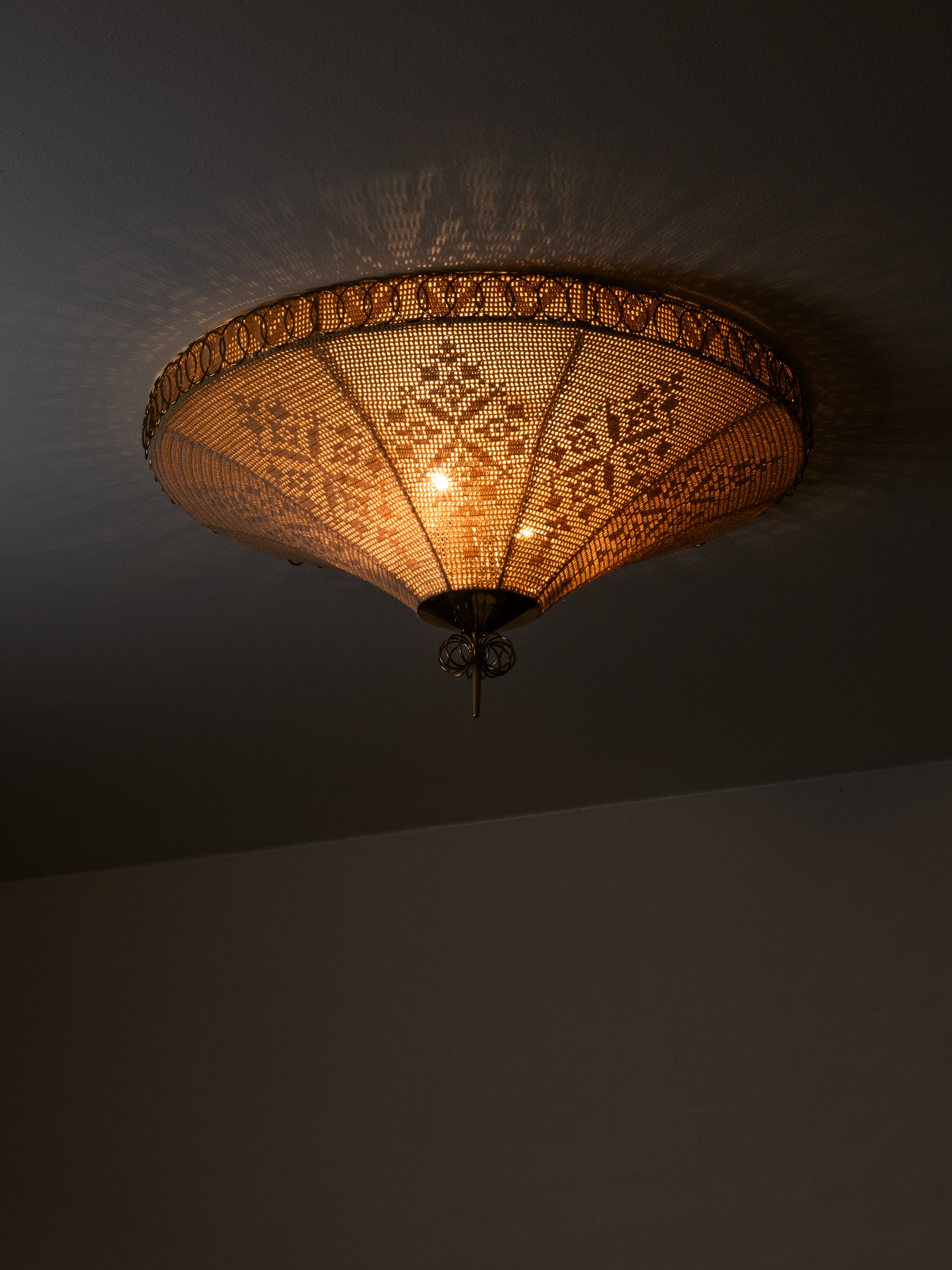 Rare Finnish Flush Mount in Brass &amp; Karelian-Style Embroidery, 1950s