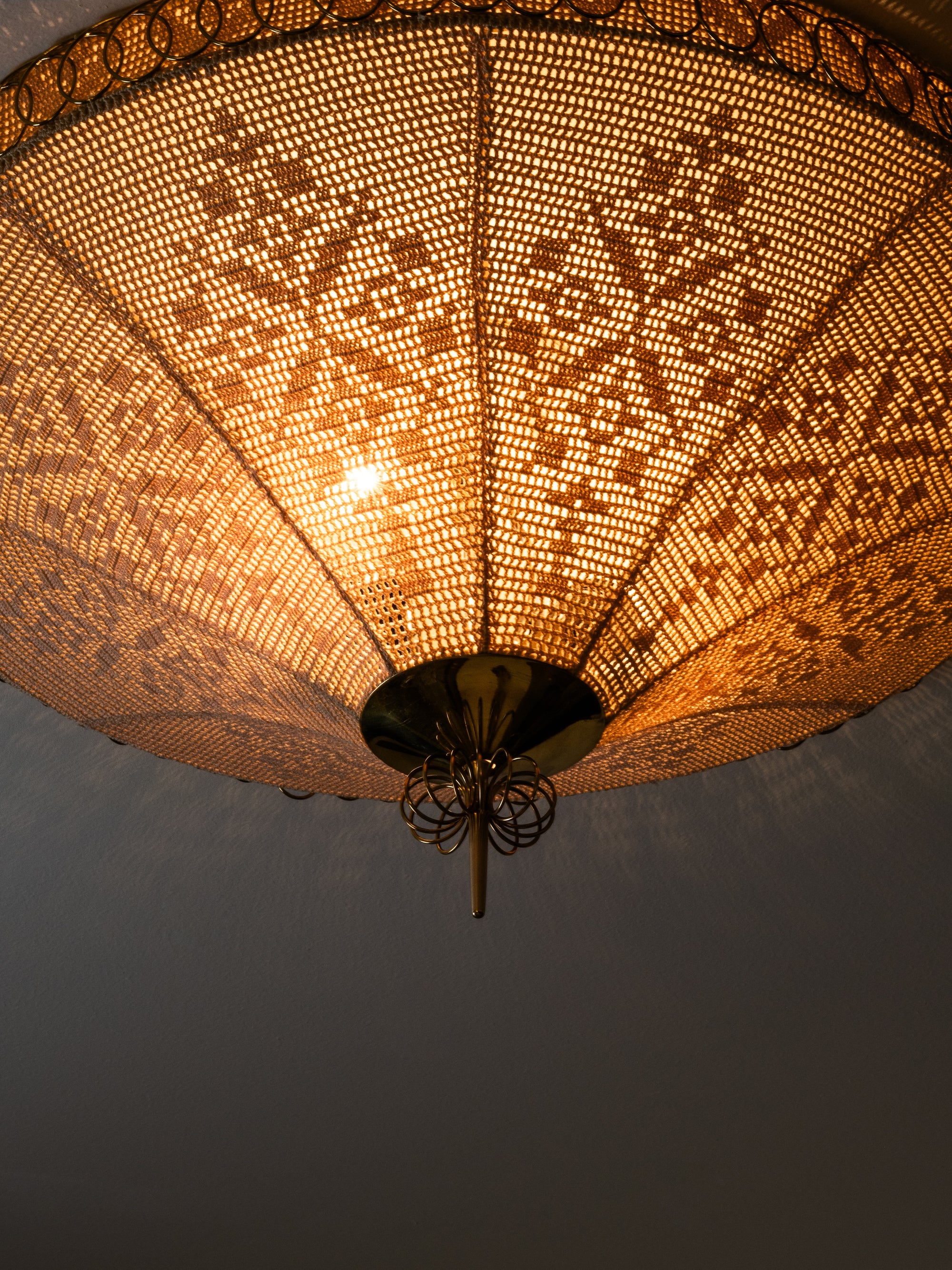 Rare Finnish Flush Mount in Brass &amp; Karelian-Style Embroidery, 1950s