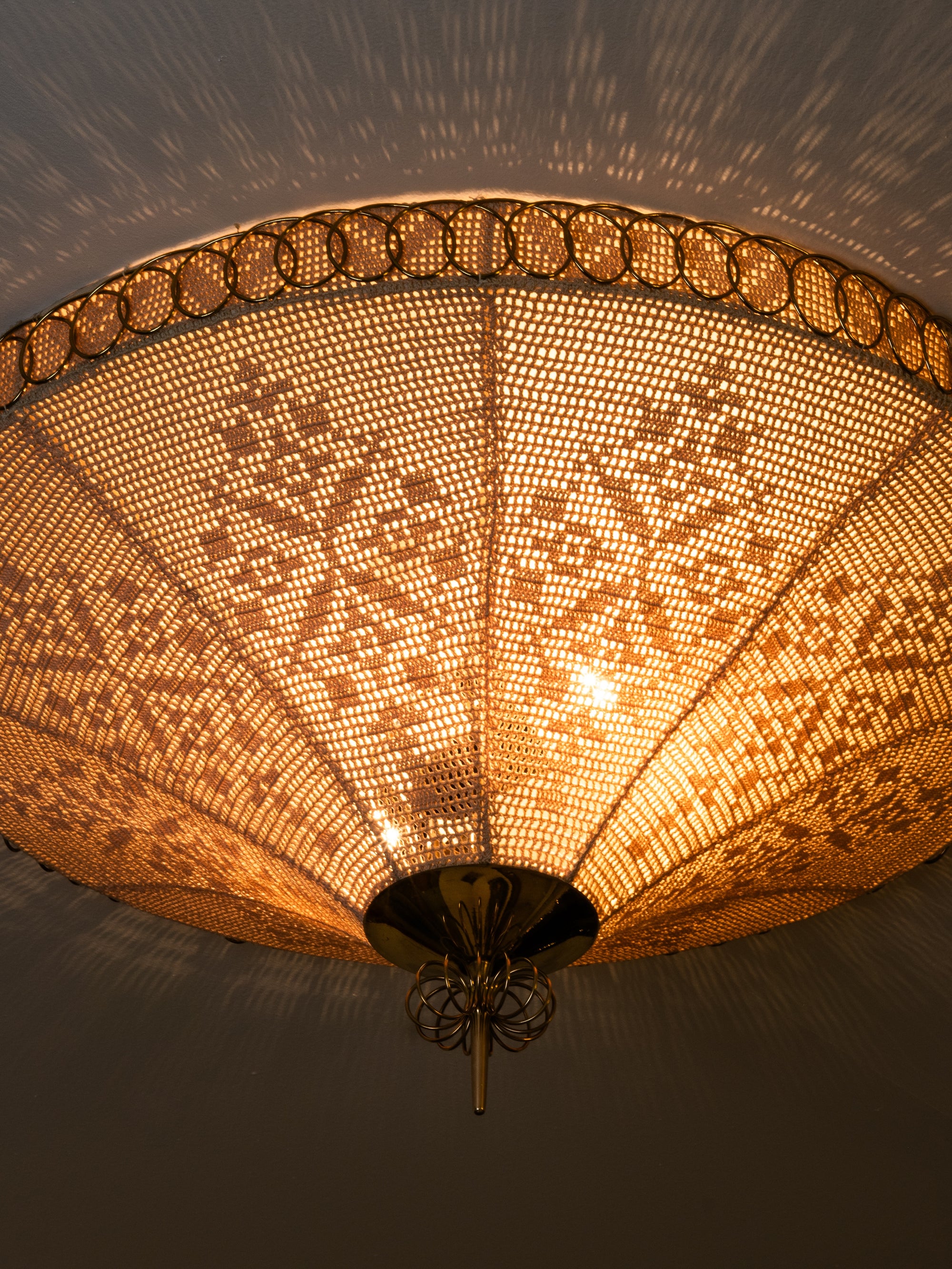 Rare Finnish Flush Mount in Brass &amp; Karelian-Style Embroidery, 1950s