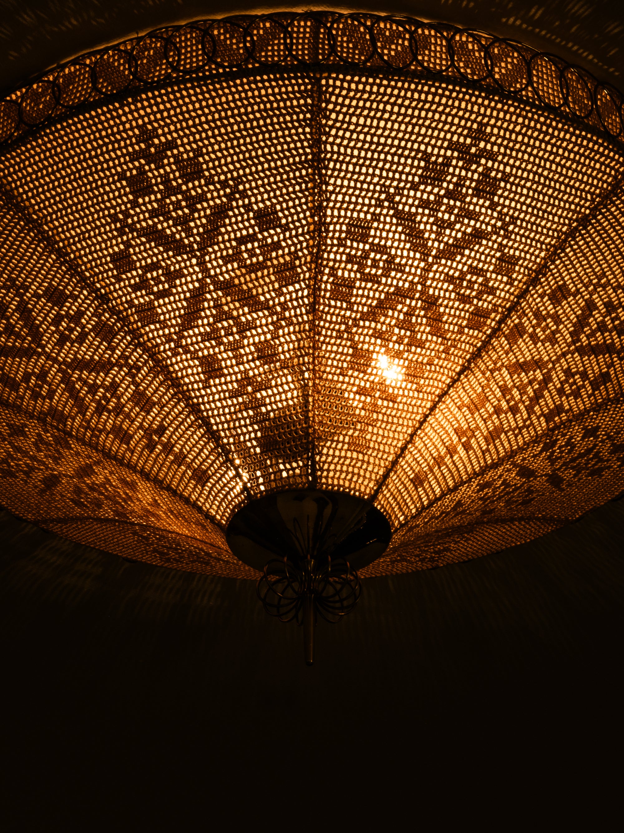 Rare Finnish Flush Mount in Brass &amp; Karelian-Style Embroidery, 1950s