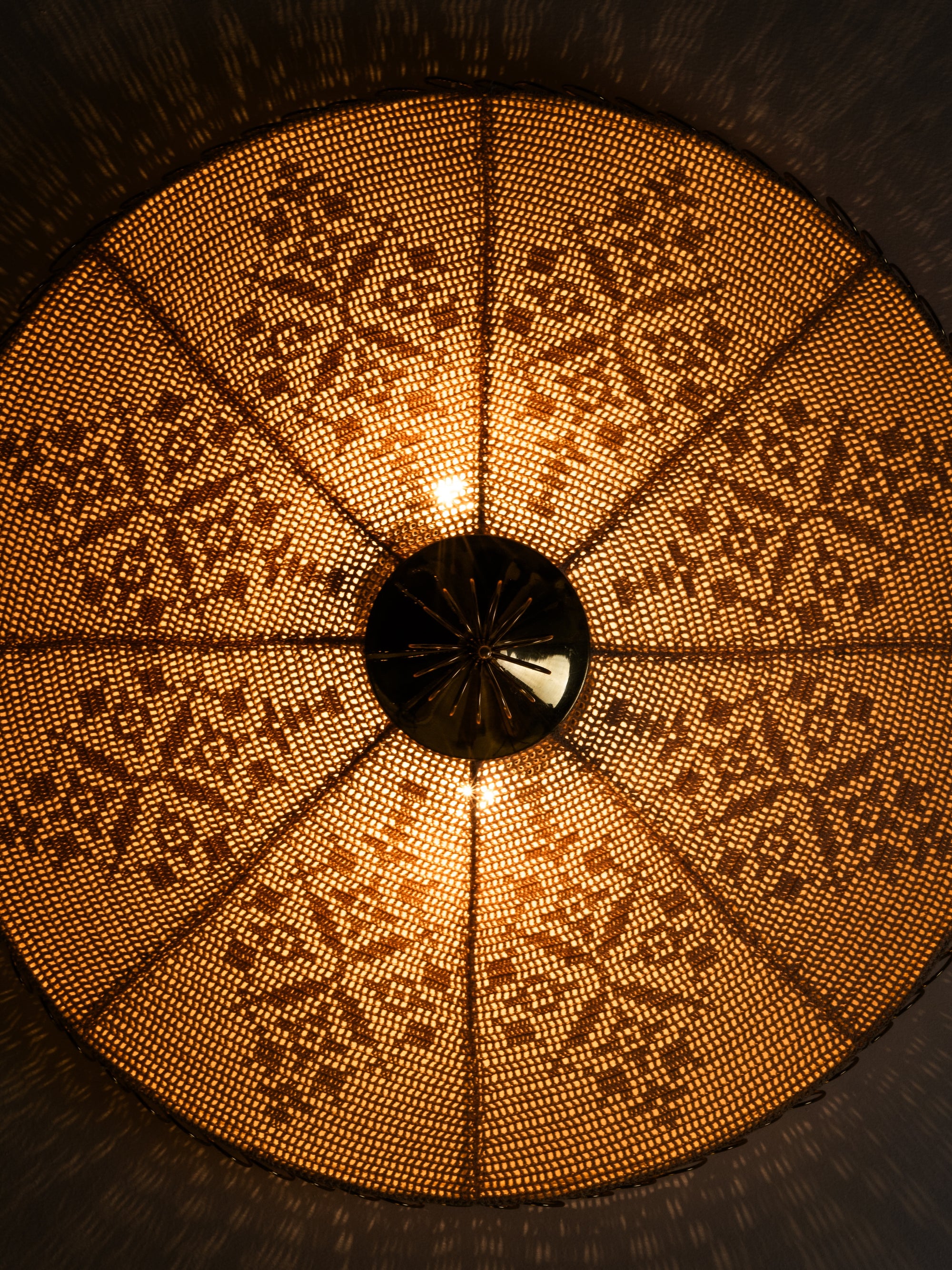 Rare Finnish Flush Mount in Brass &amp; Karelian-Style Embroidery, 1950s