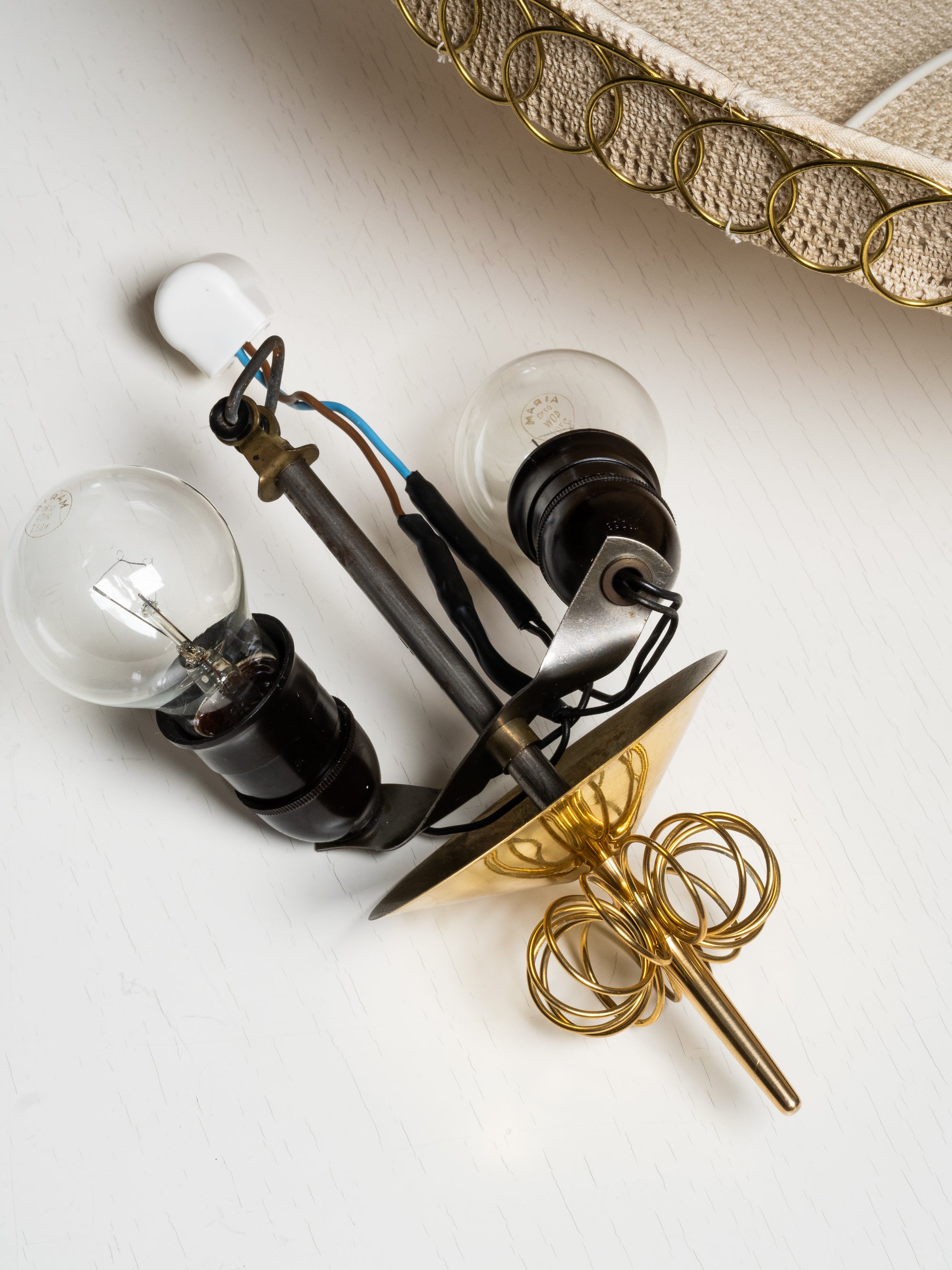 Rare Finnish Flush Mount in Brass &amp; Karelian-Style Embroidery, 1950s