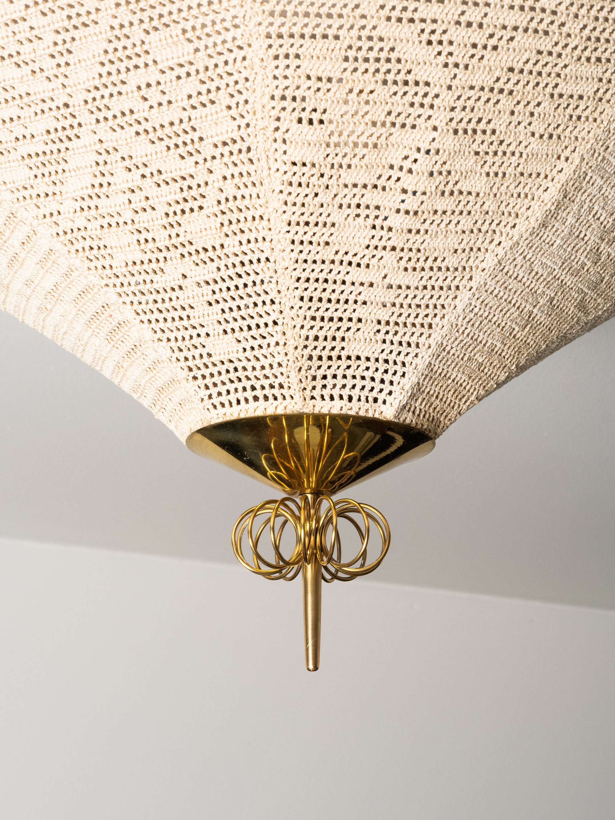 Rare Finnish Flush Mount in Brass &amp; Karelian-Style Embroidery, 1950s