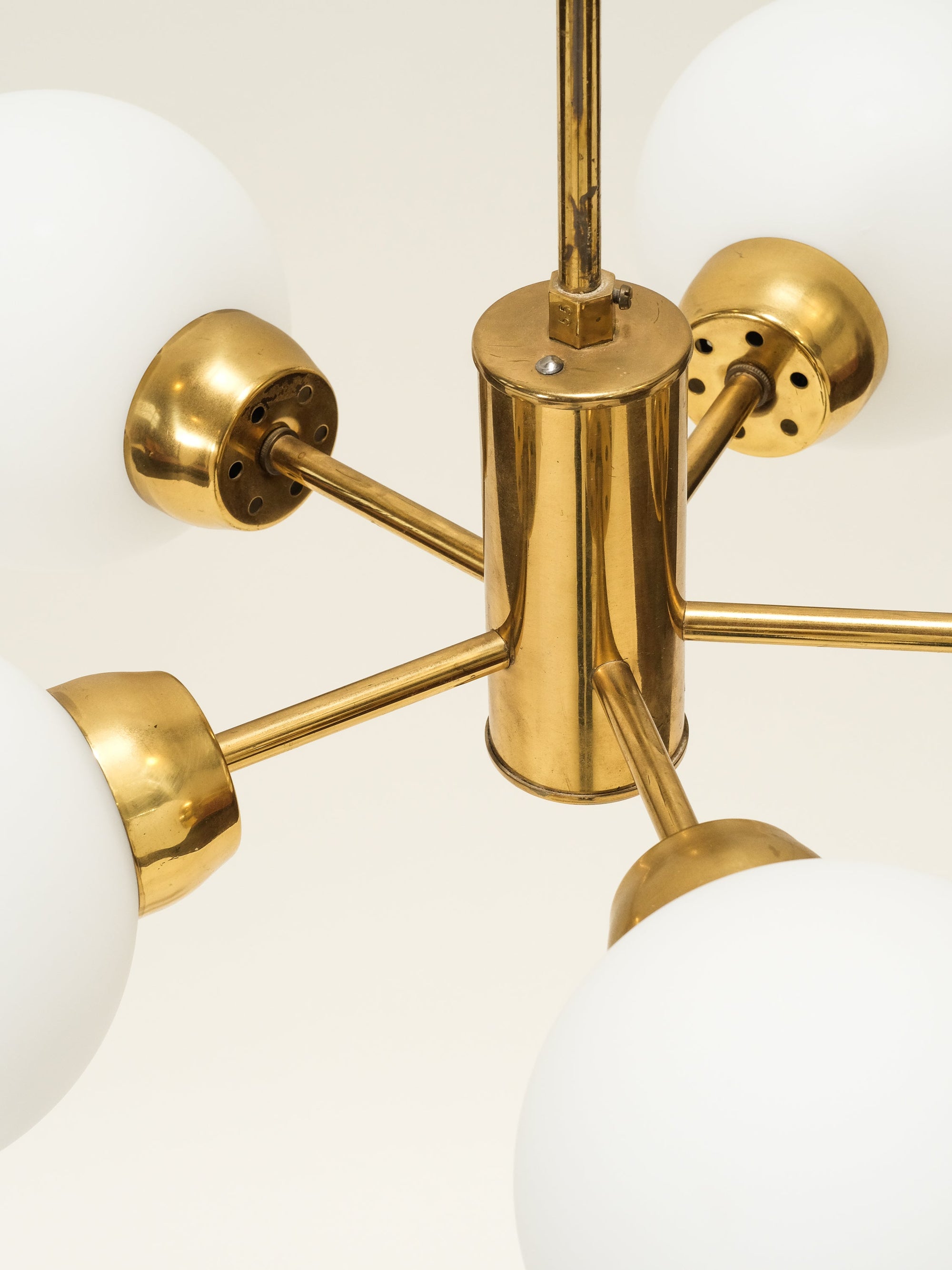 Brass Sputnik Chandelier with 5 Matte Opaline Glass Globes