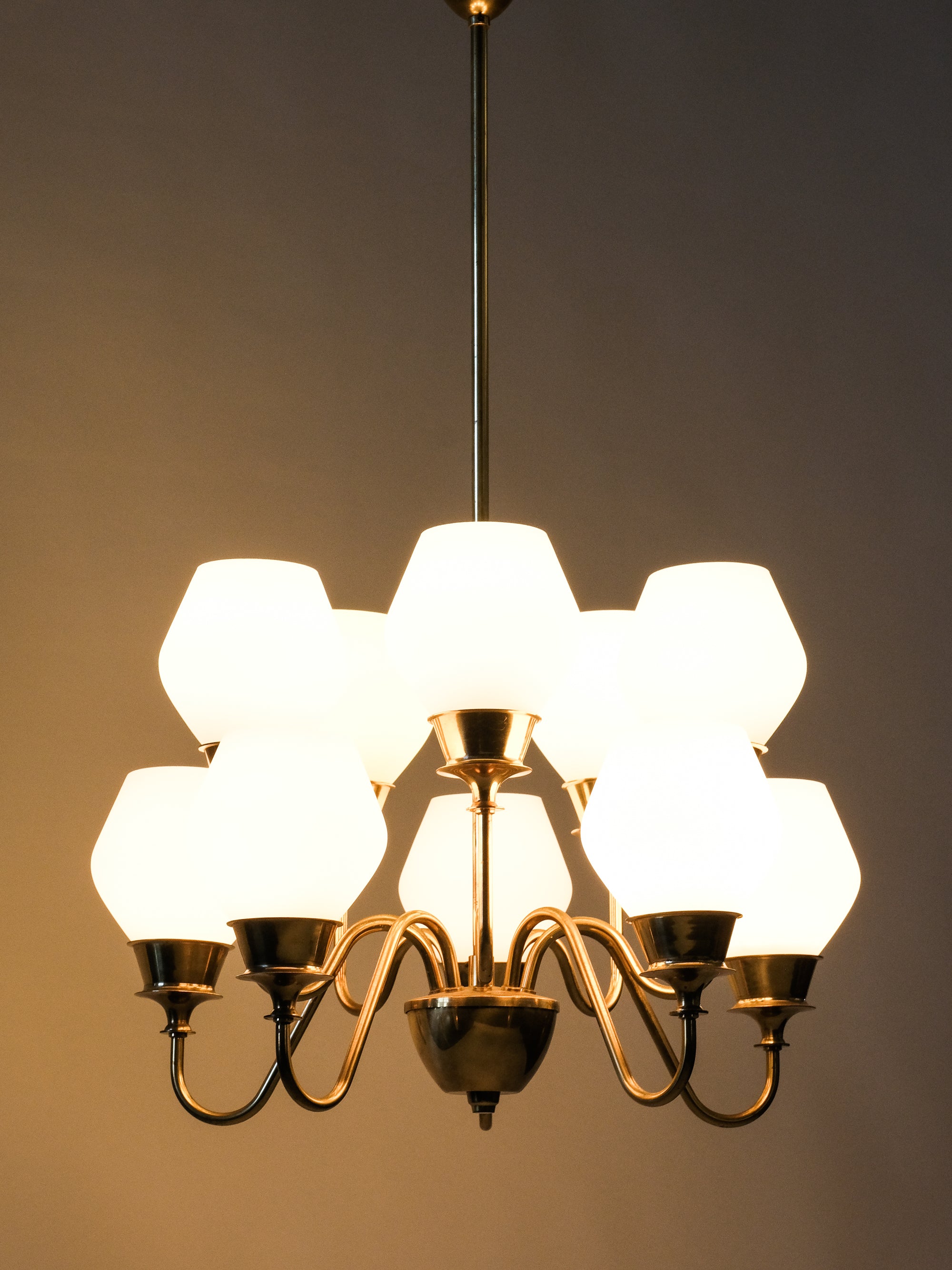 Hans-Agne Jakobsson Chandelier Model T-837/10 in Brass and Glass, Sweden, 1960s